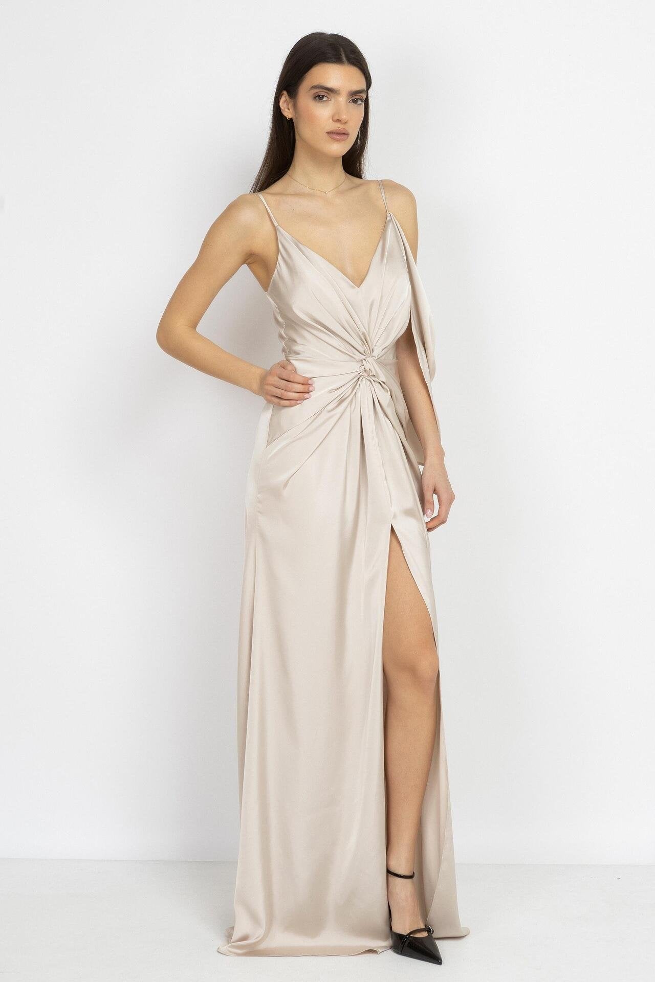 Satin Twist Maxi Dress in Champagne