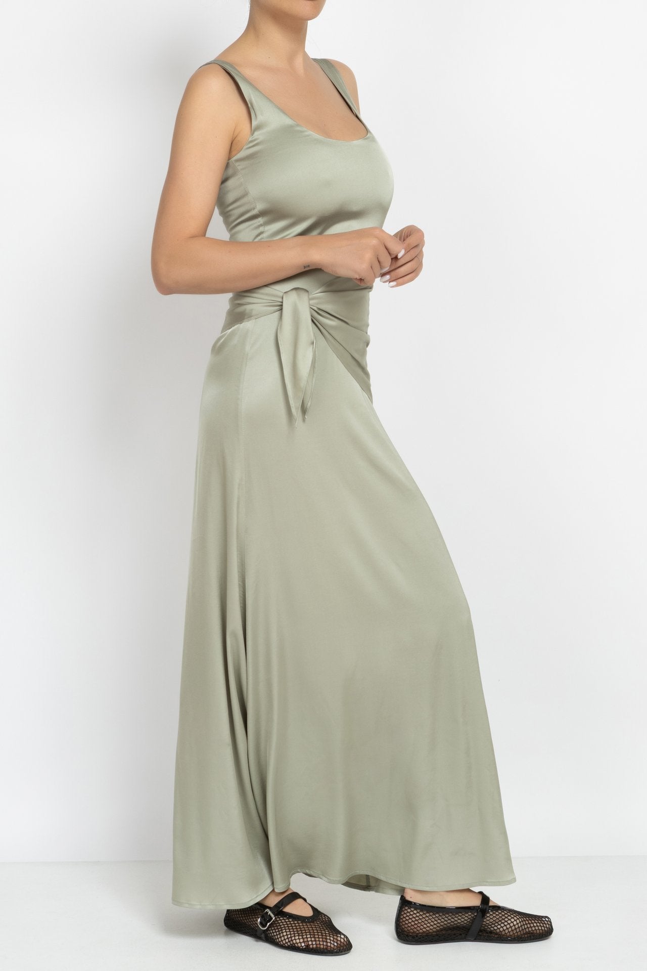 Light Green Maxi Dress with Tie Waist Detail
