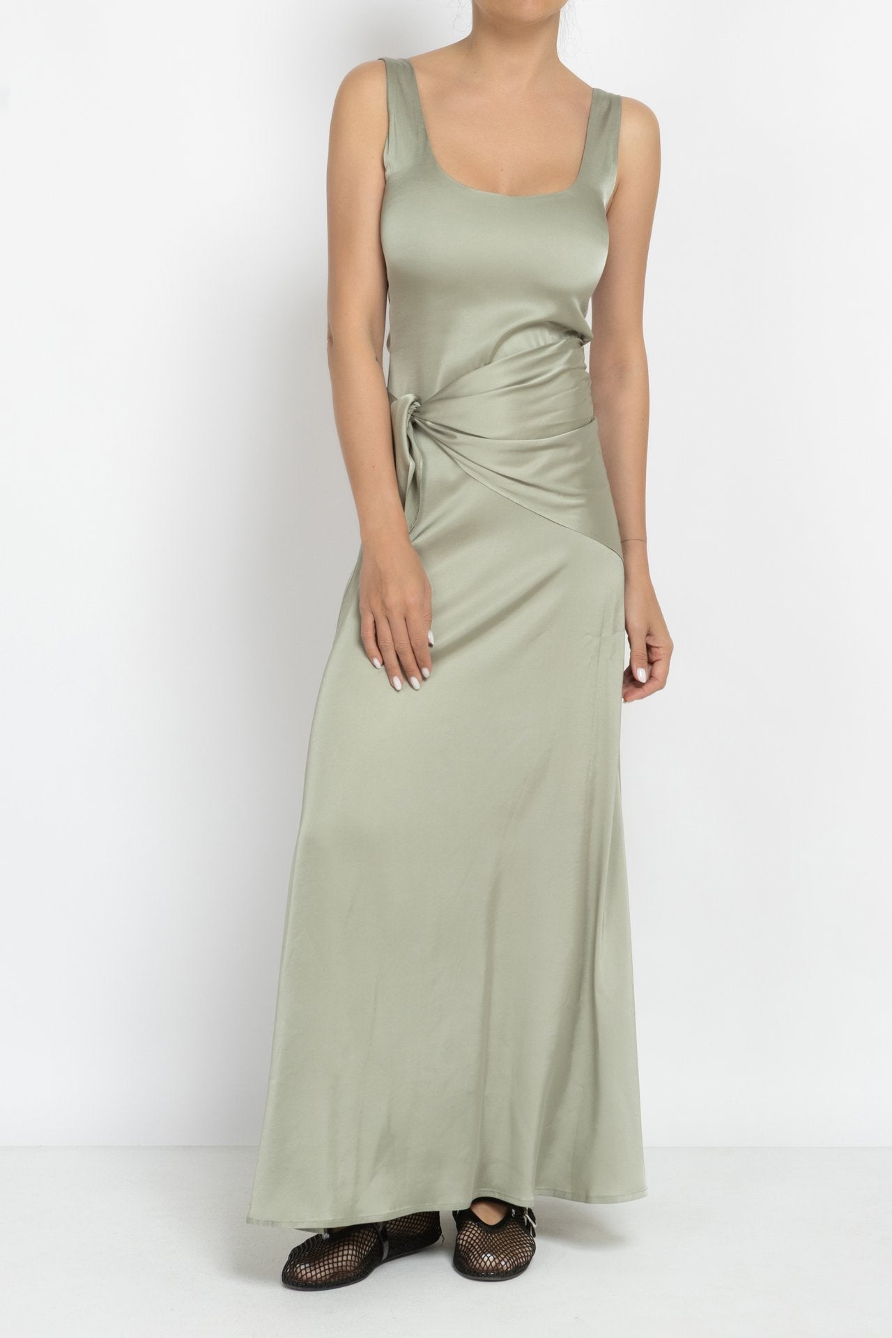 Light Green Maxi Dress with Tie Waist Detail