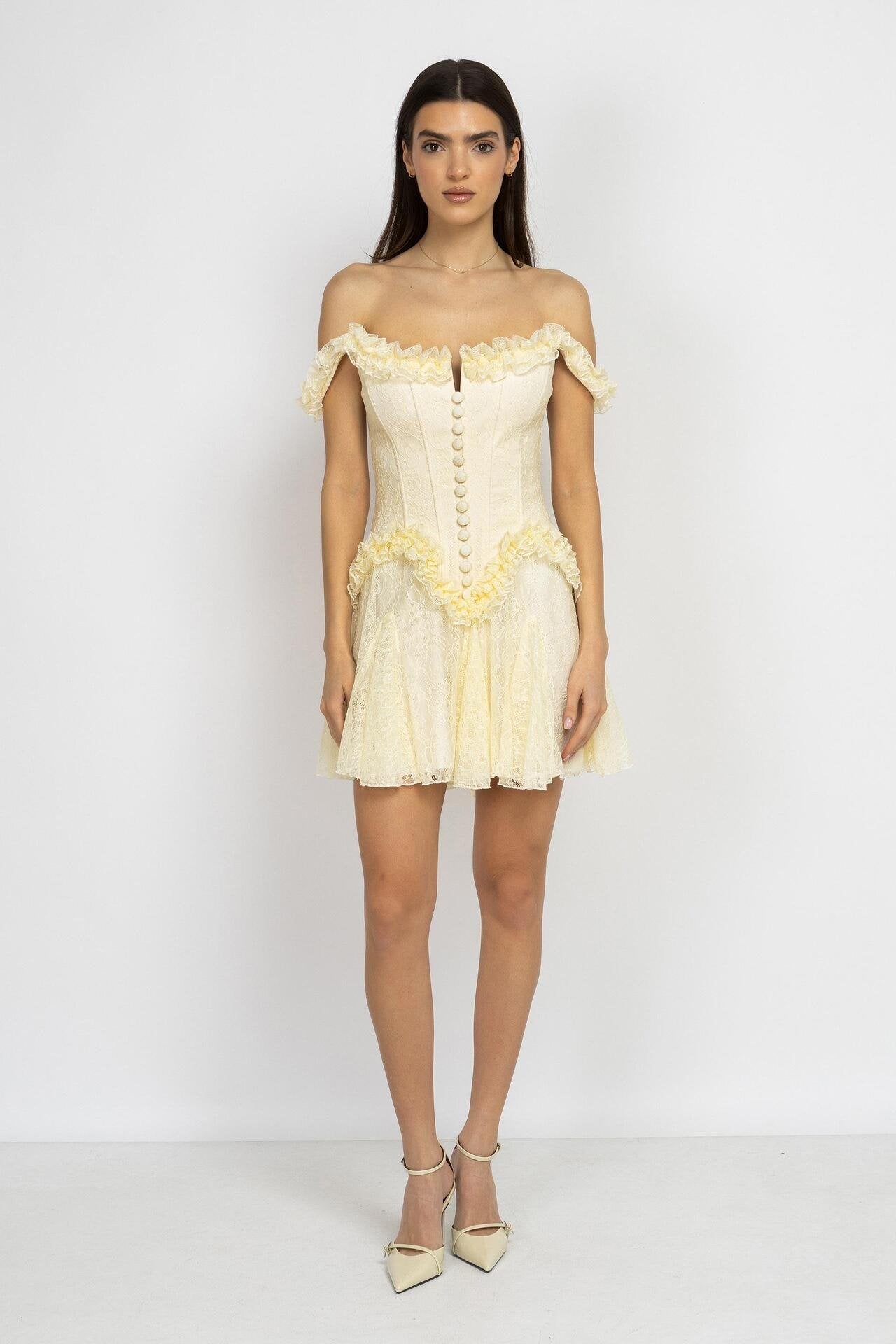 Off-Shoulder Lace Corset Dress in Pale Yellow