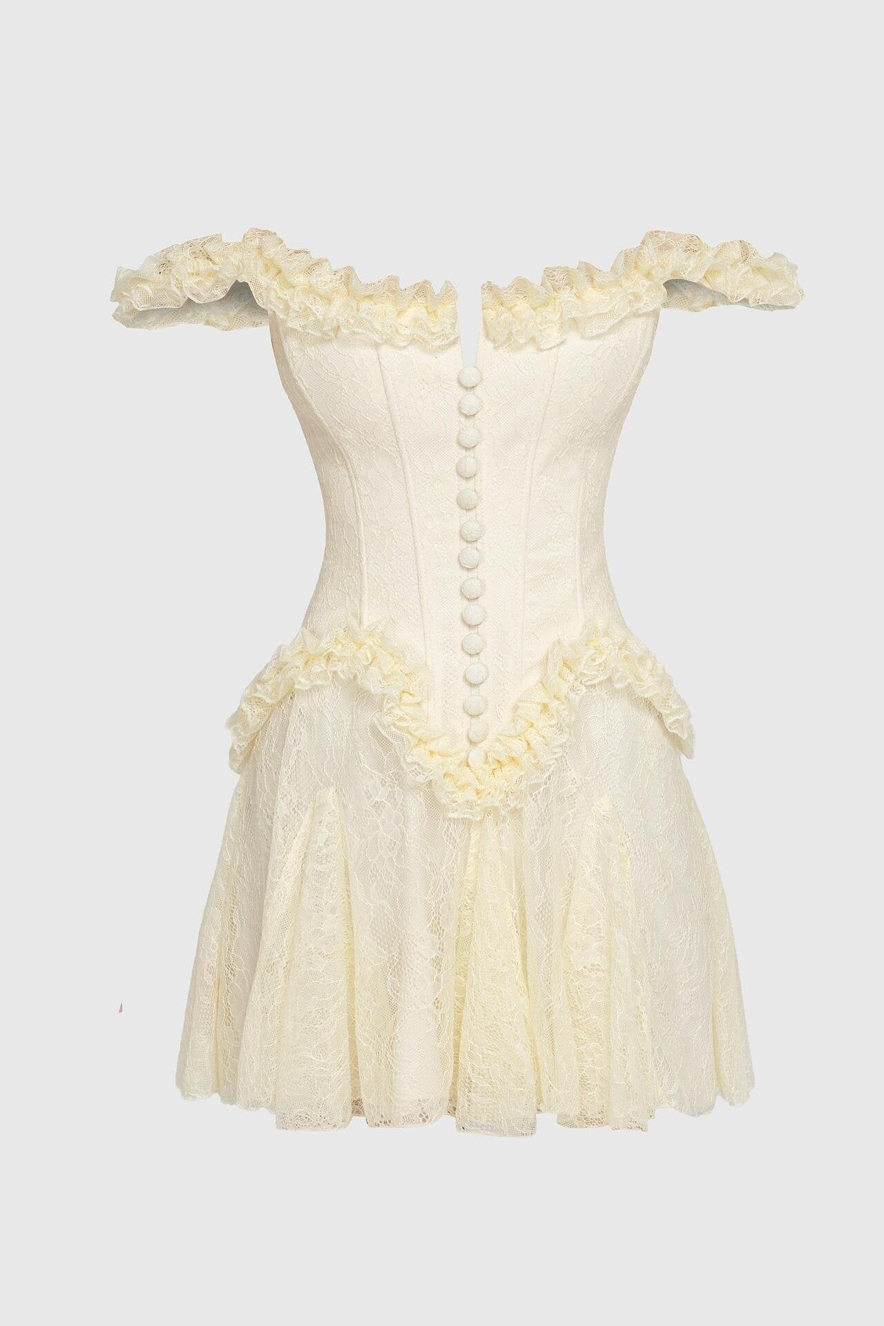 Off-Shoulder Lace Corset Dress in Pale Yellow
