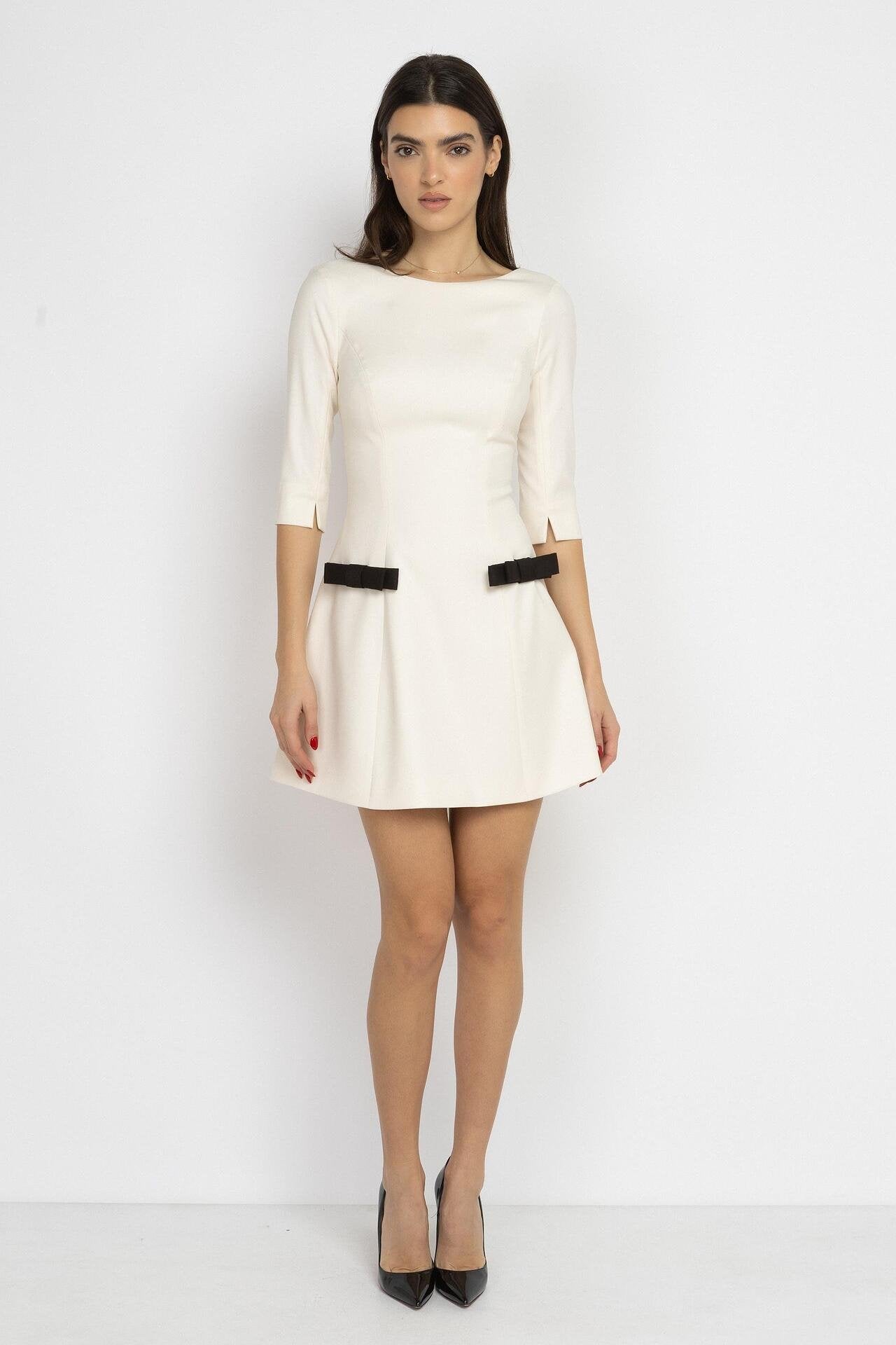 Bow Detail Mini Dress in Ecru