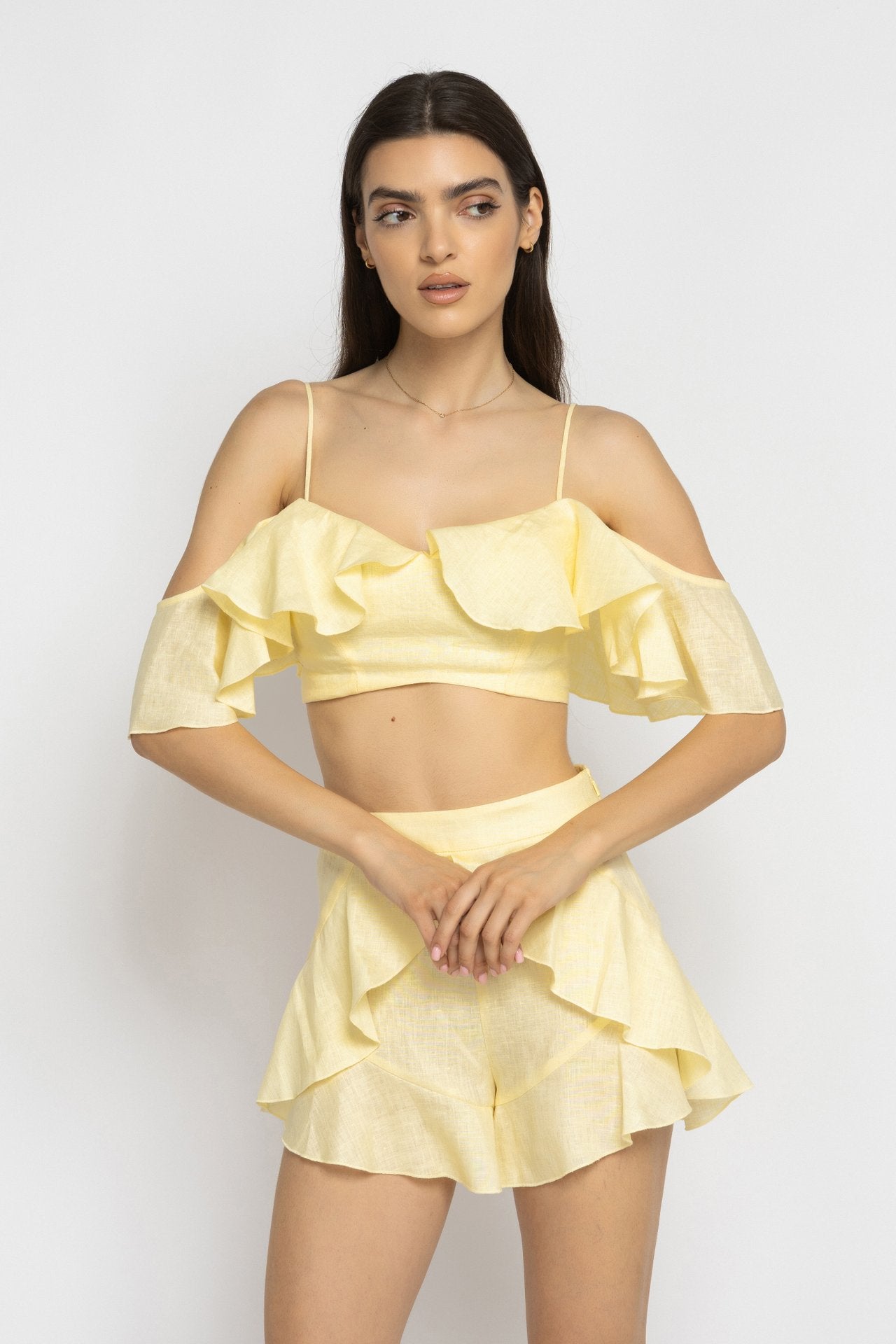 Yellow Ruffle Linen Crop Top