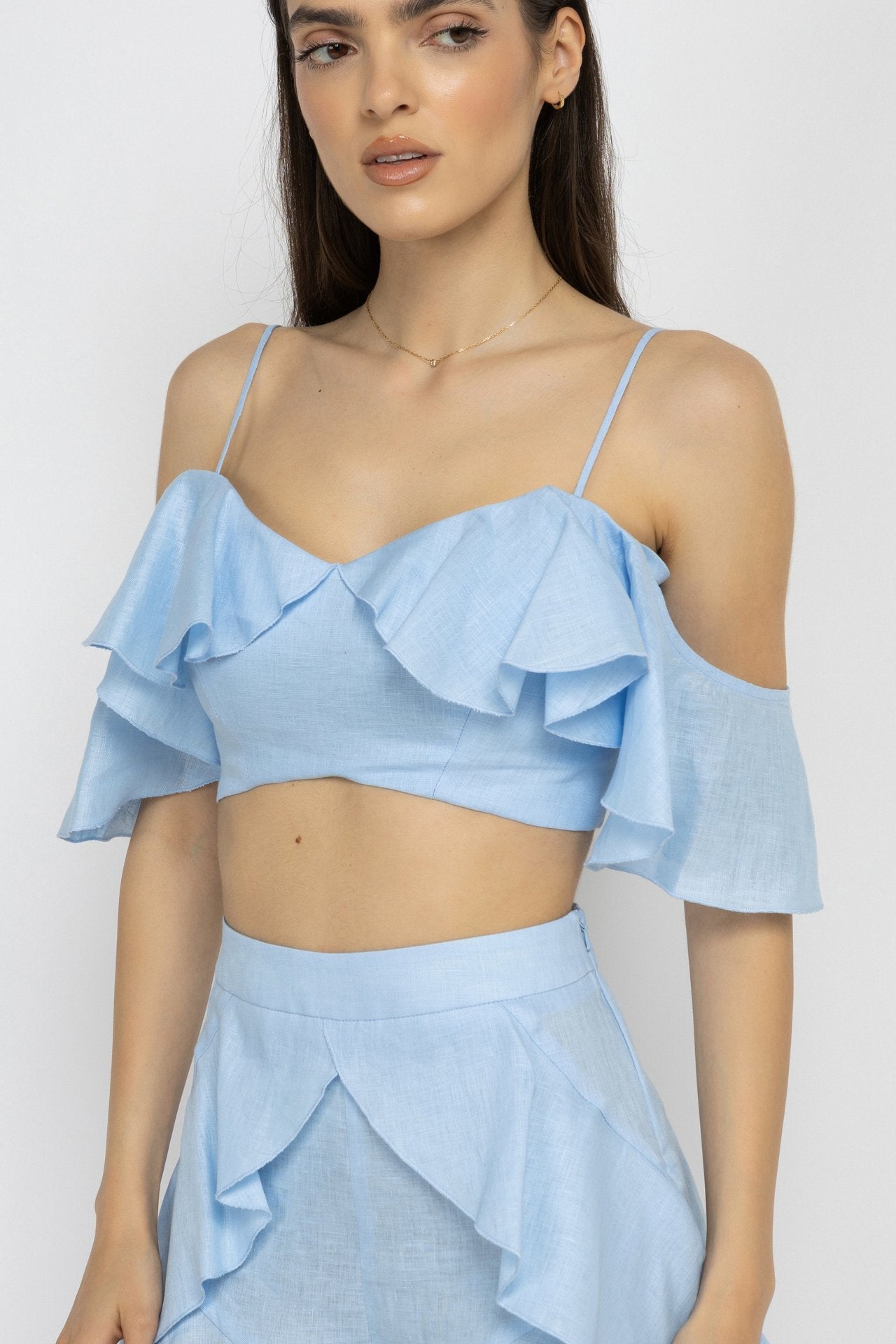 Blue Ruffle Linen Crop Top