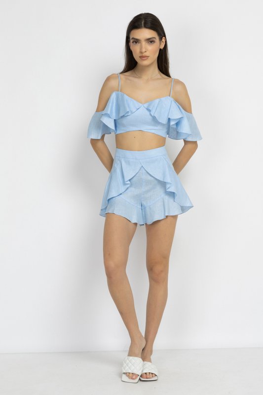 Blue Ruffle Linen Crop Top