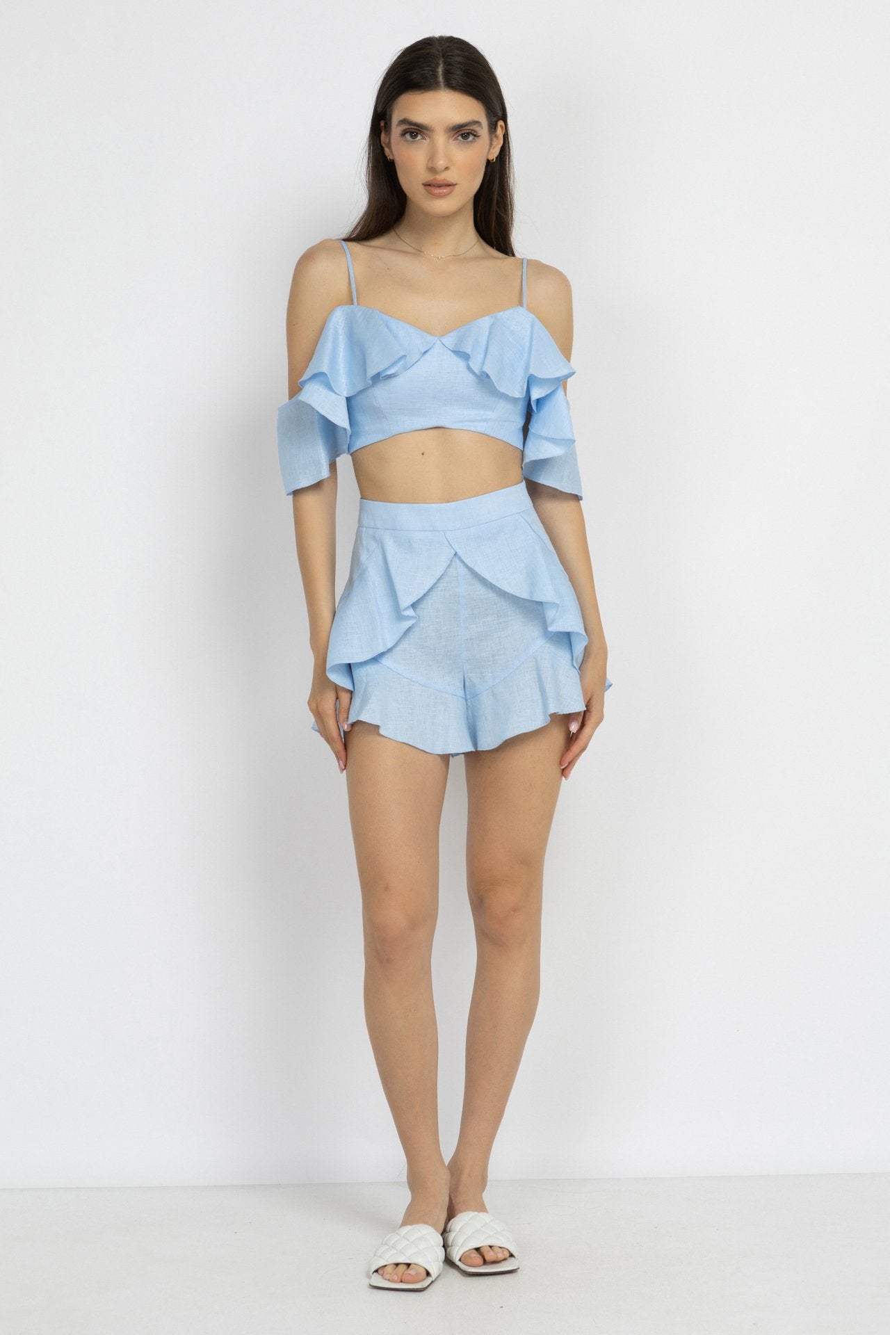 Blue Ruffle Linen Crop Top