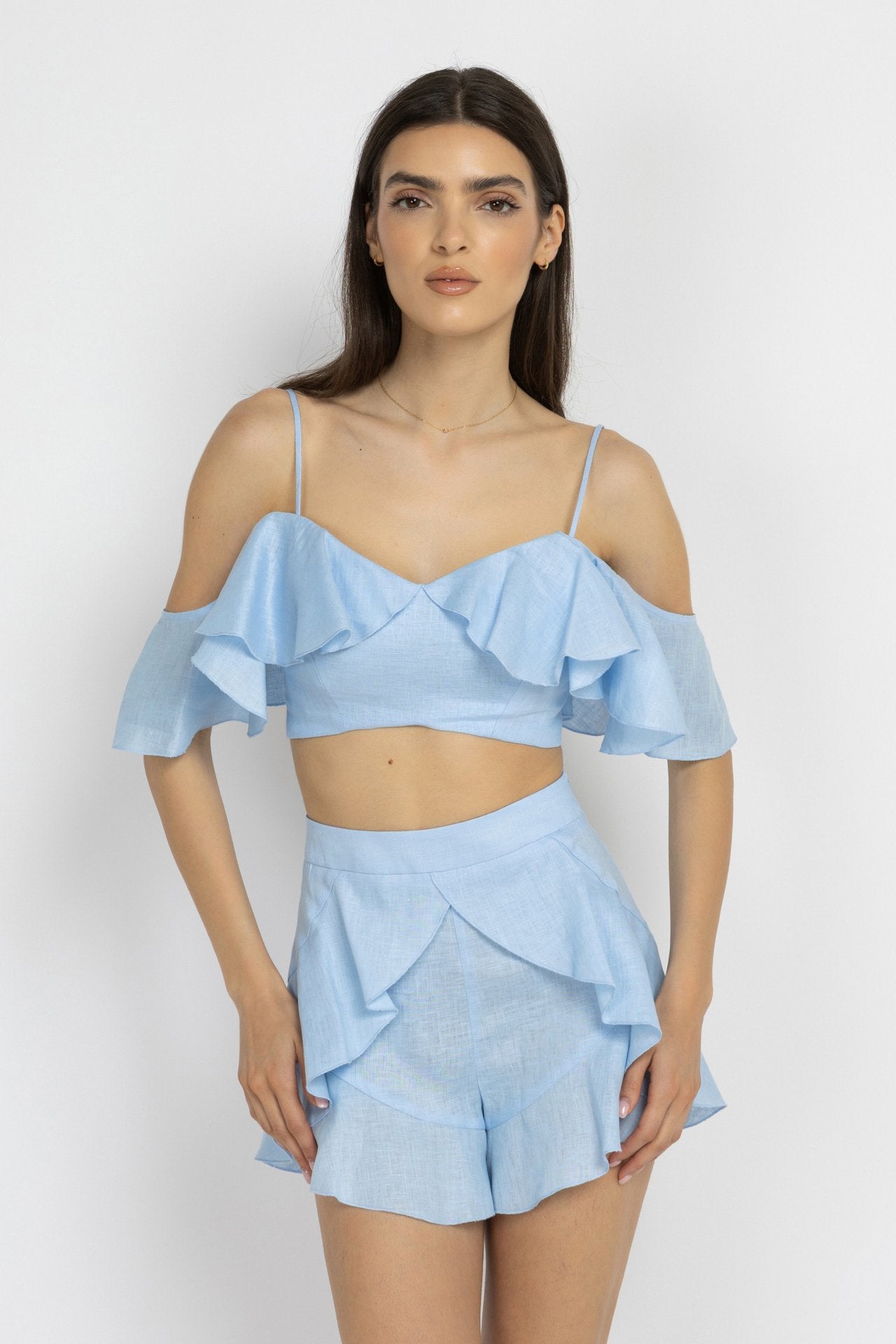 Blue Ruffle Linen Crop Top