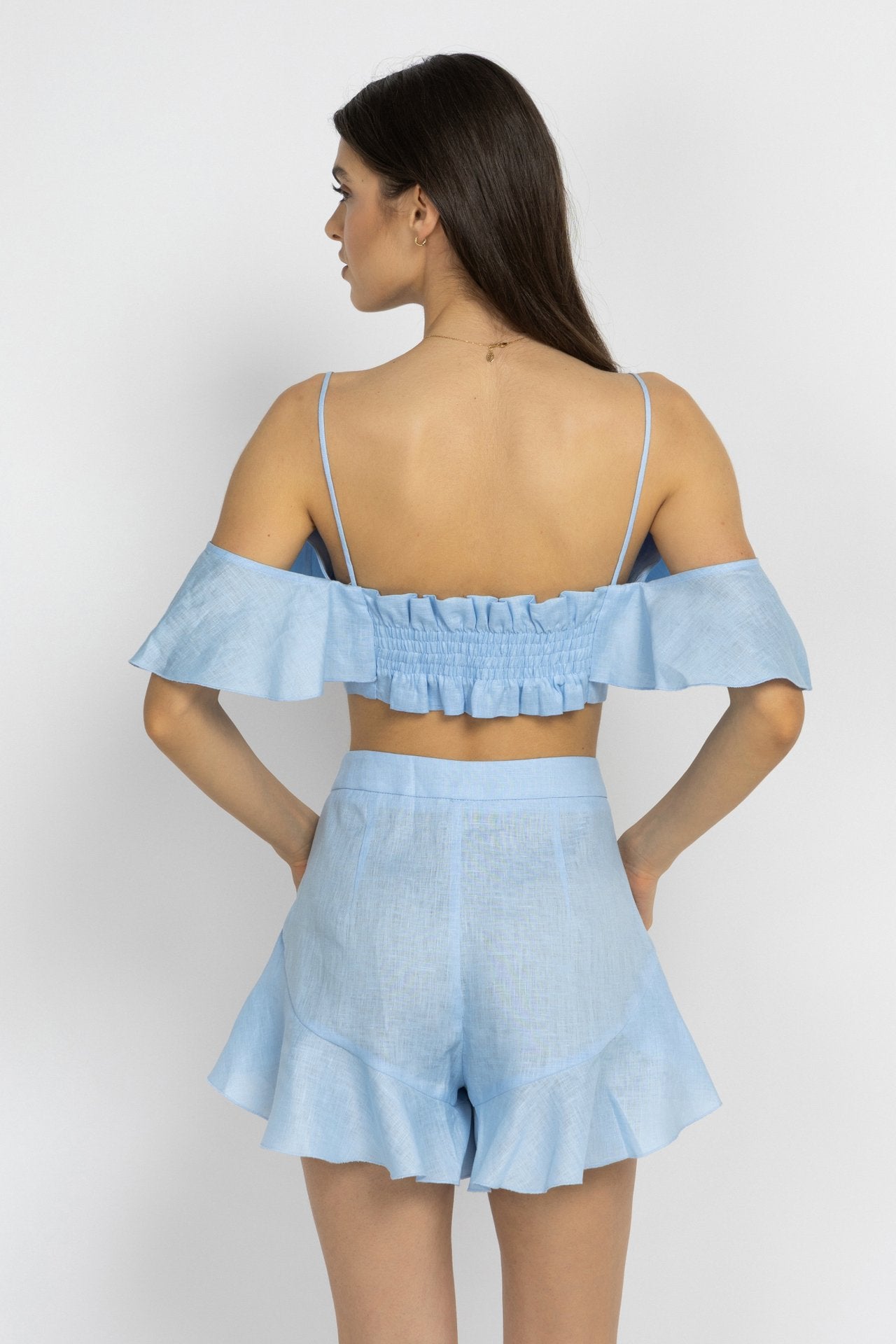 Blue Ruffle Linen Crop Top