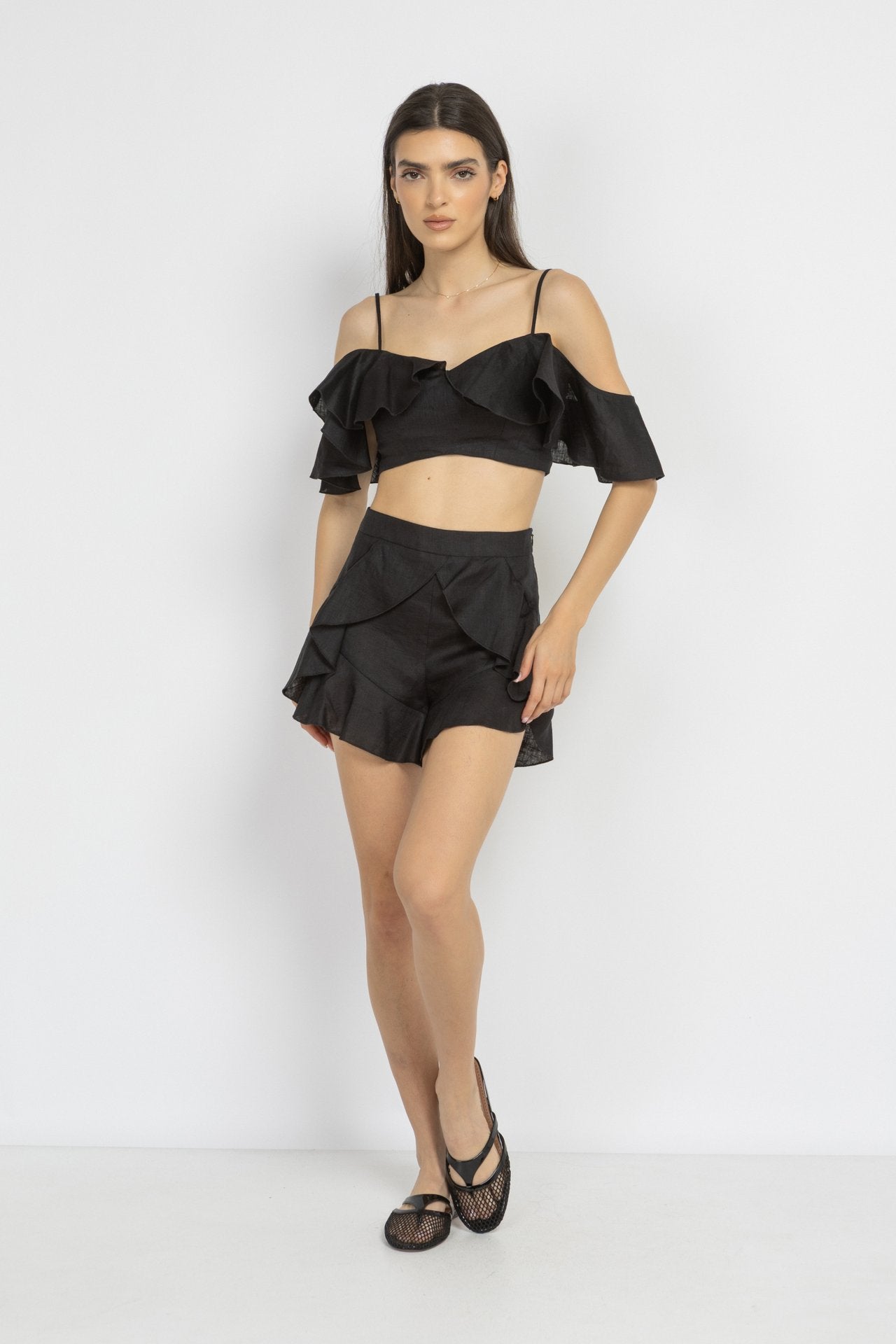 Black Linen Ruffle Shorts