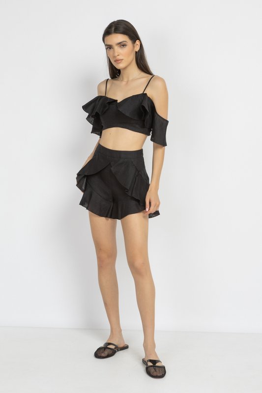 Black Linen Ruffle Shorts
