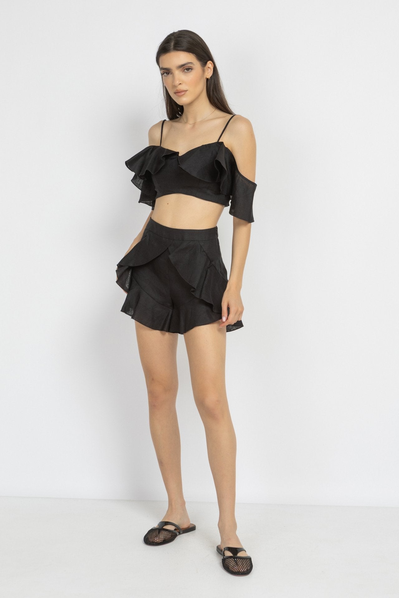 Black Ruffle Linen Crop Top
