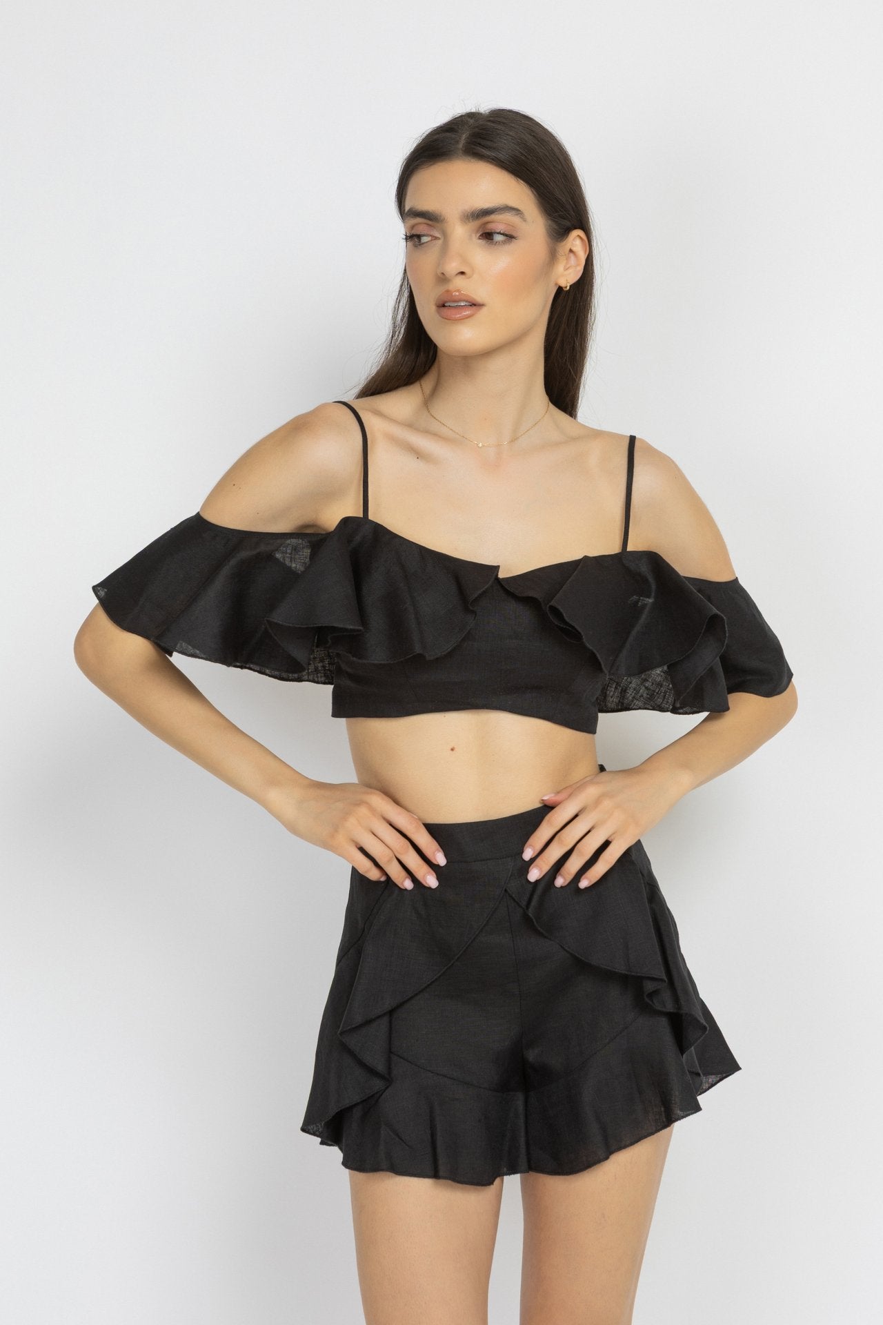 Black Ruffle Linen Crop Top