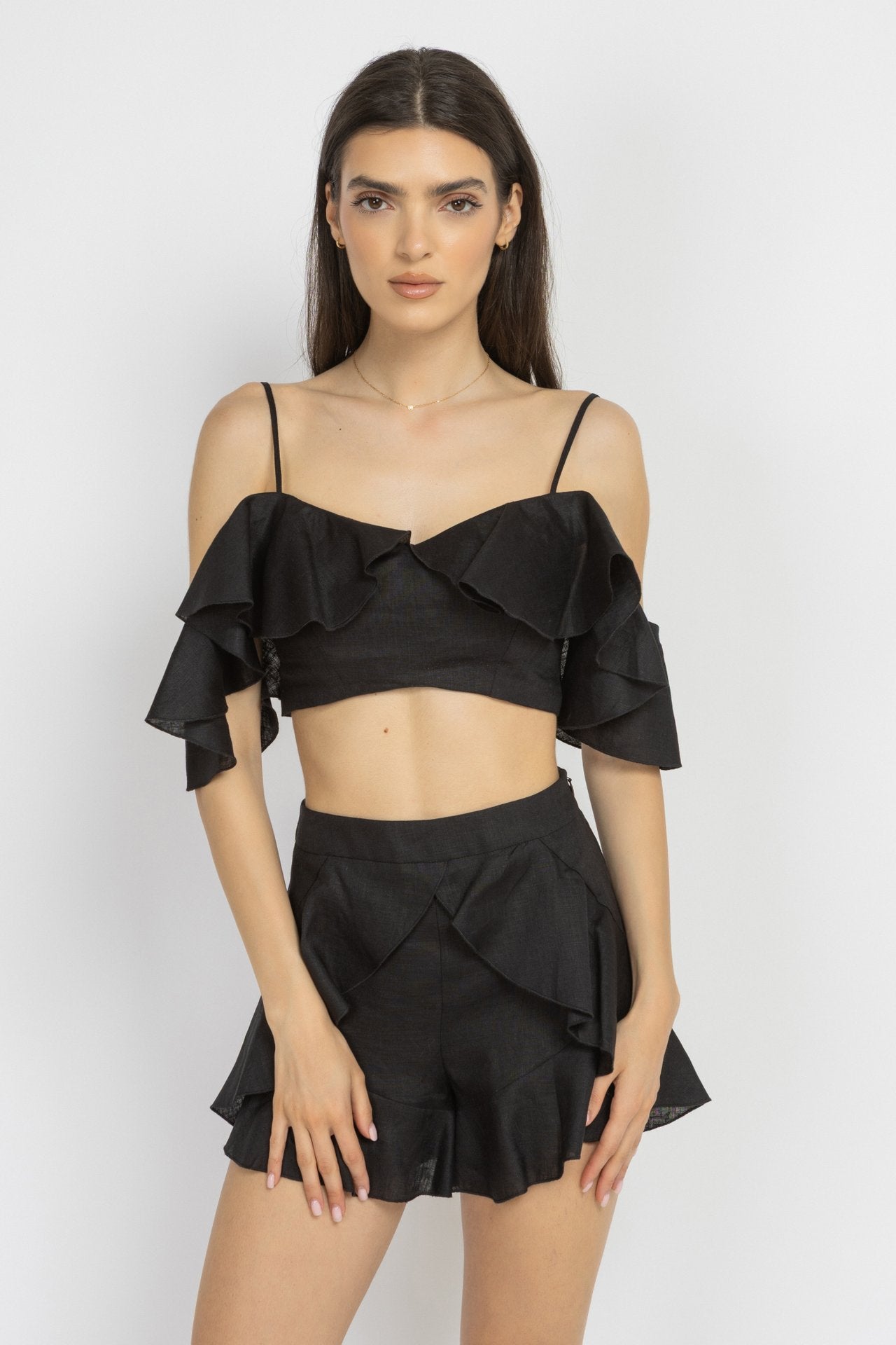 Black Linen Ruffle Shorts