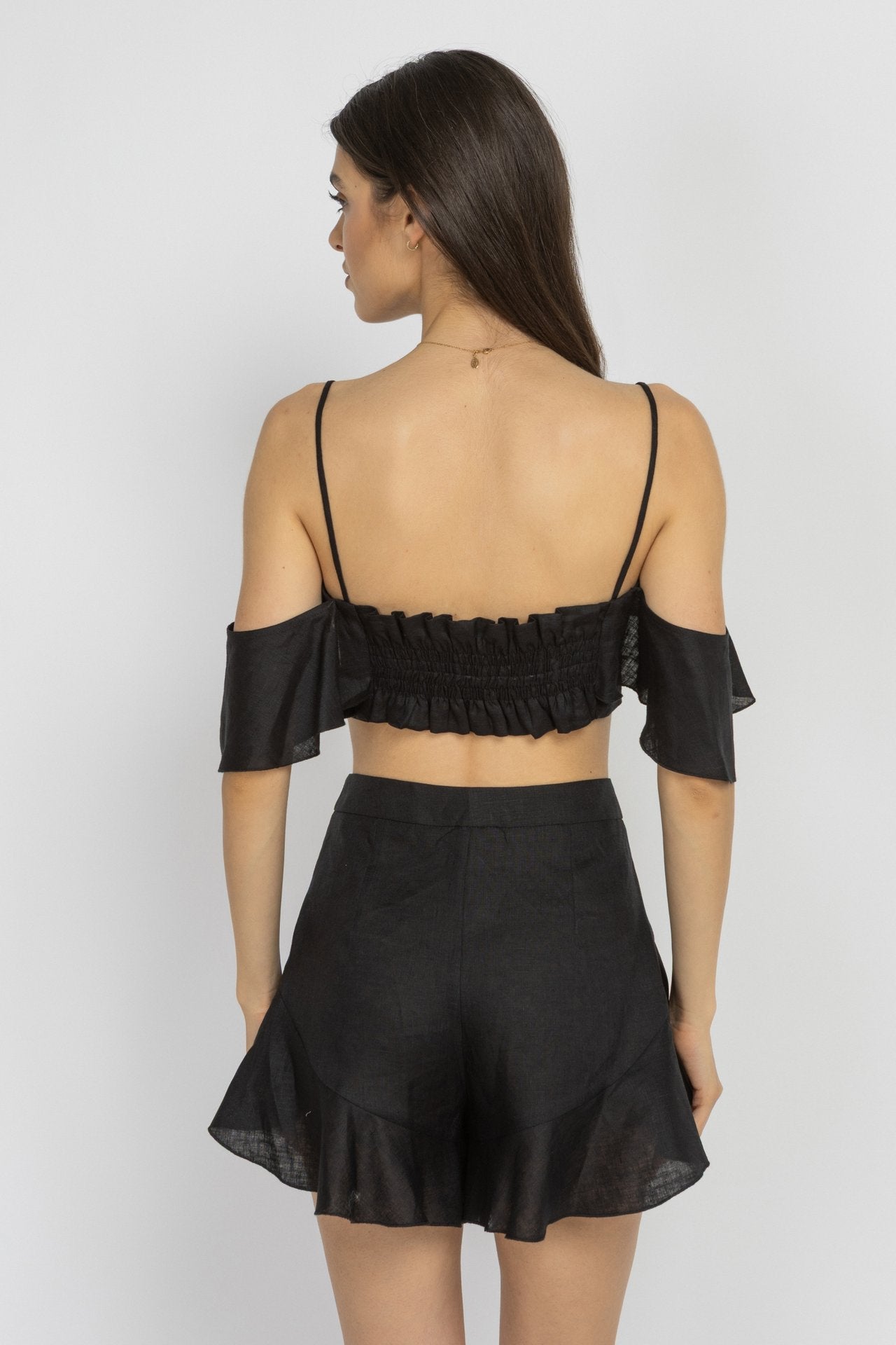 Black Linen Ruffle Shorts