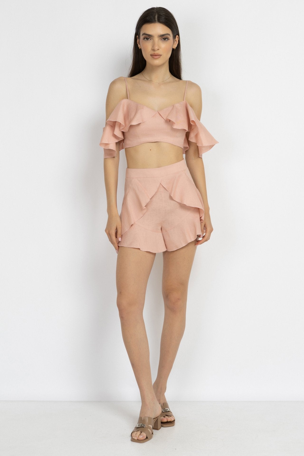 Pink Linen Ruffle Shorts