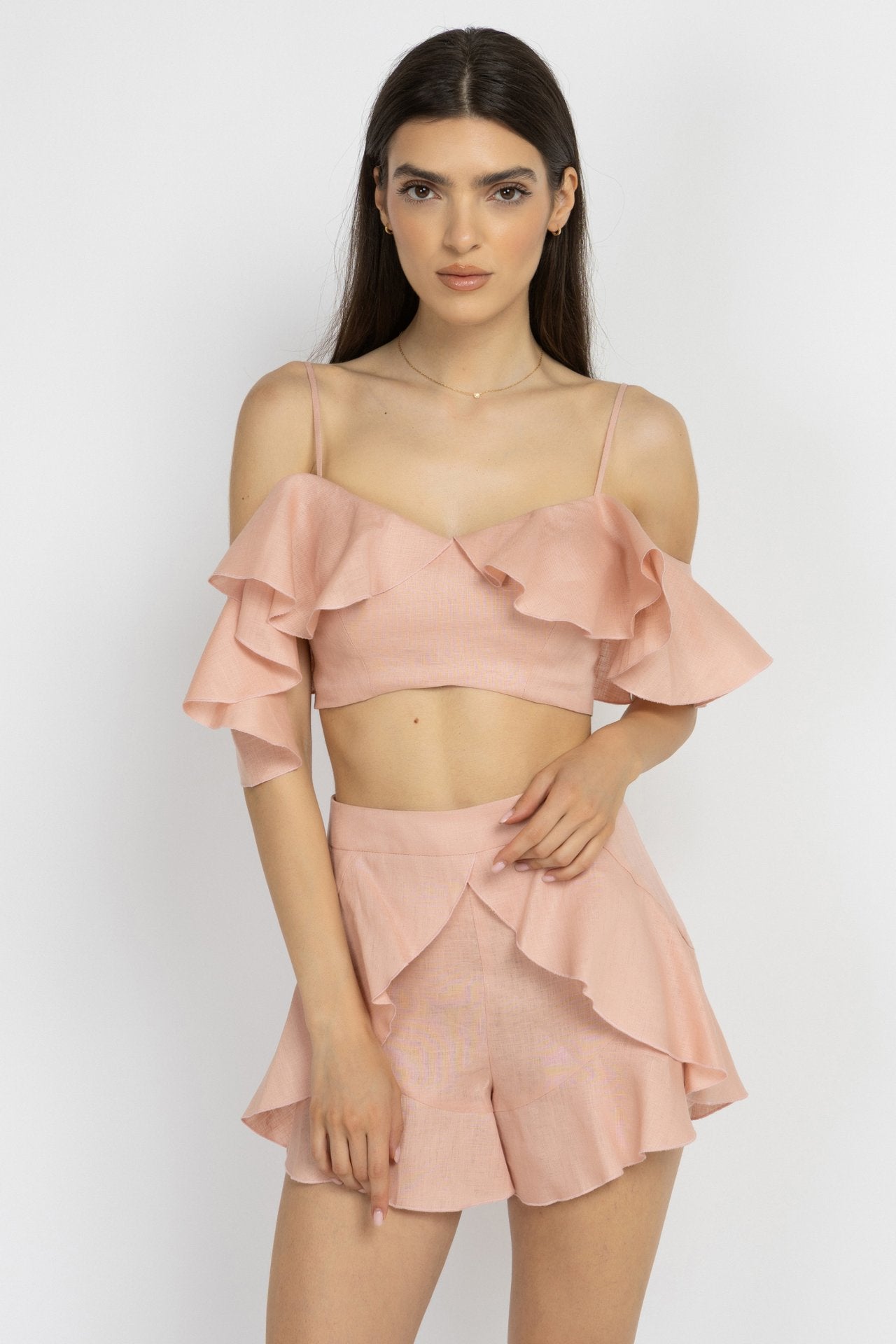 Pink Linen Ruffle Shorts