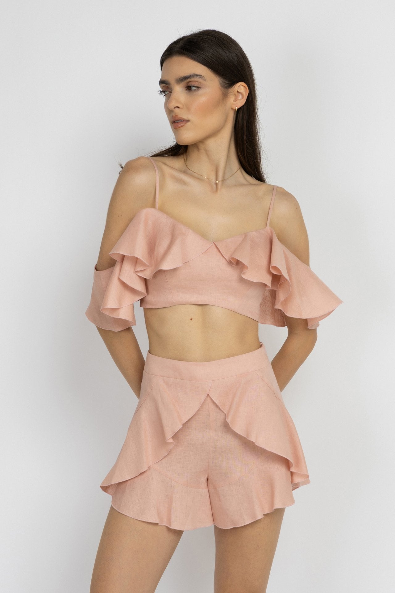 Pink Linen Ruffle Shorts