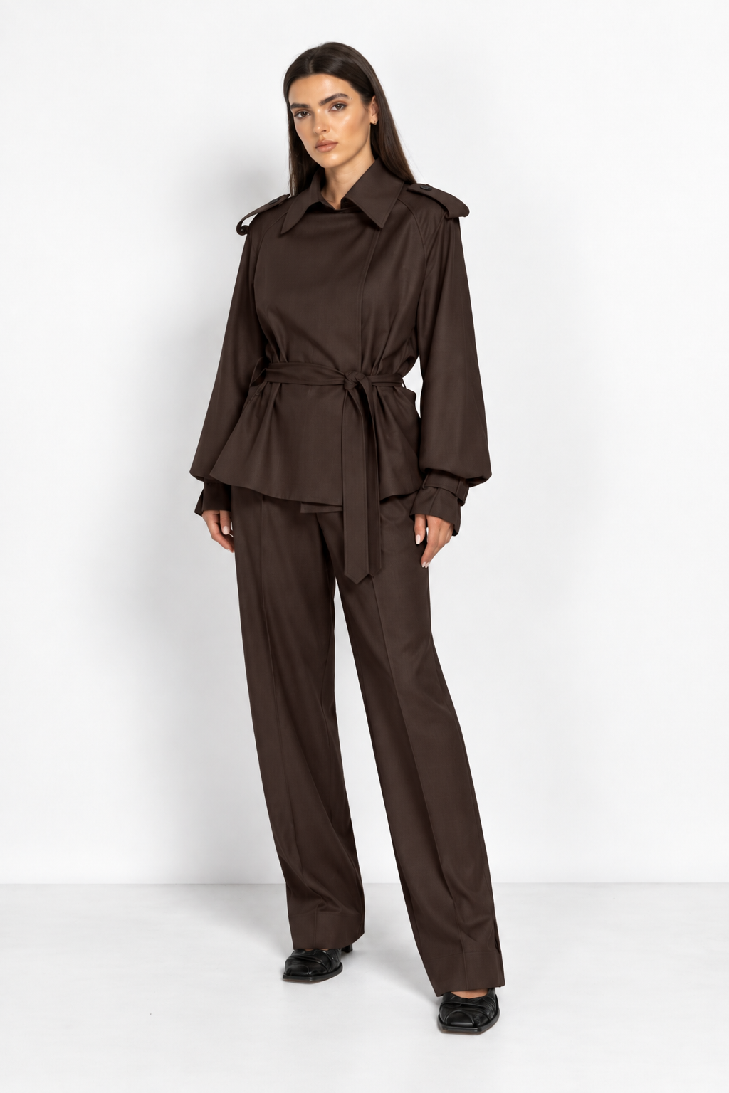 Brown Cropped Trench Coat with Voluminous Sleeves