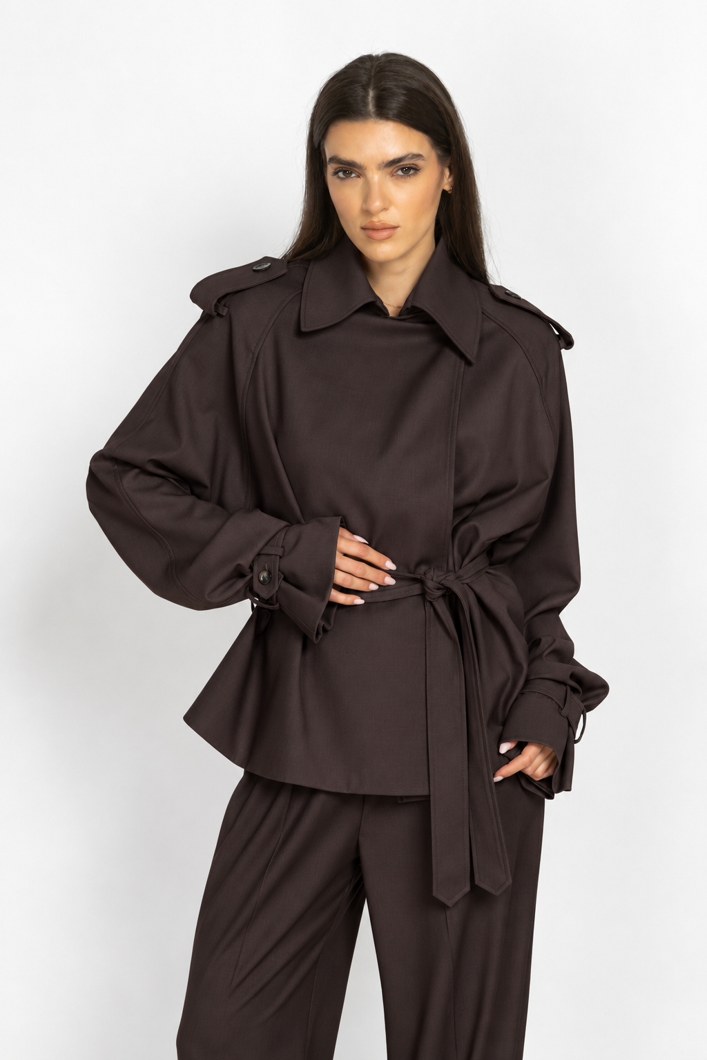 Brown Cropped Trench Coat with Voluminous Sleeves
