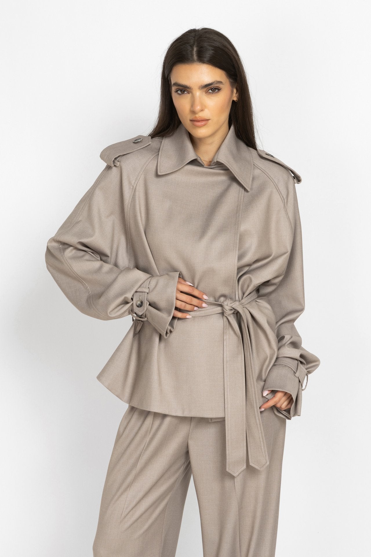 Mocha Cropped Trench Coat with Voluminous Sleeves