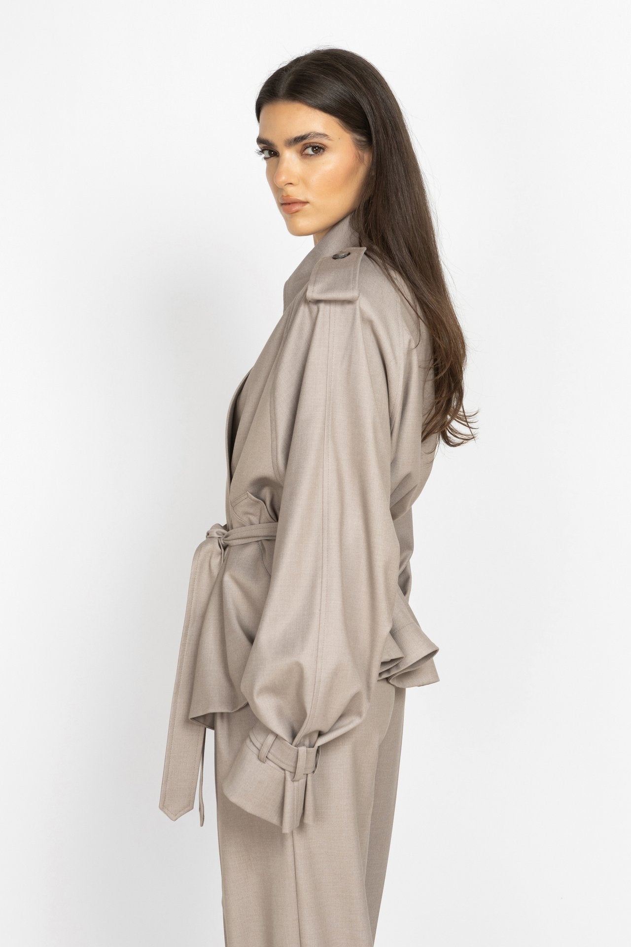 Mocha Cropped Trench Coat with Voluminous Sleeves