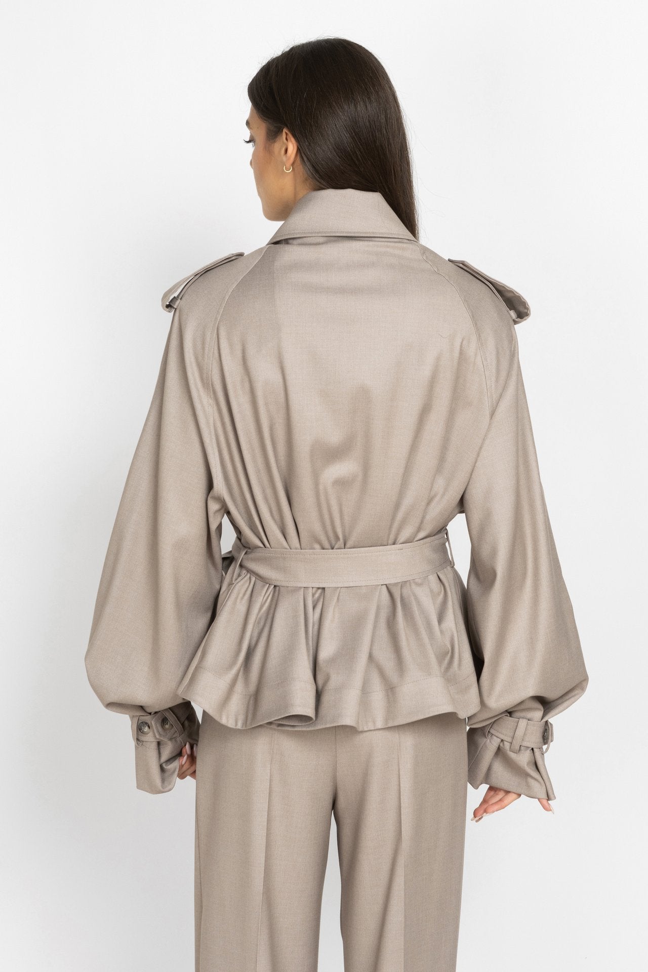 Mocha Cropped Trench Coat with Voluminous Sleeves
