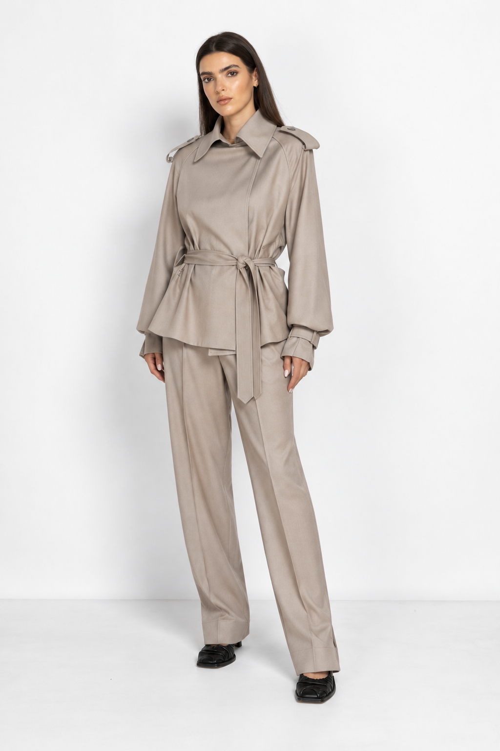 Mocha Cropped Trench Coat with Voluminous Sleeves