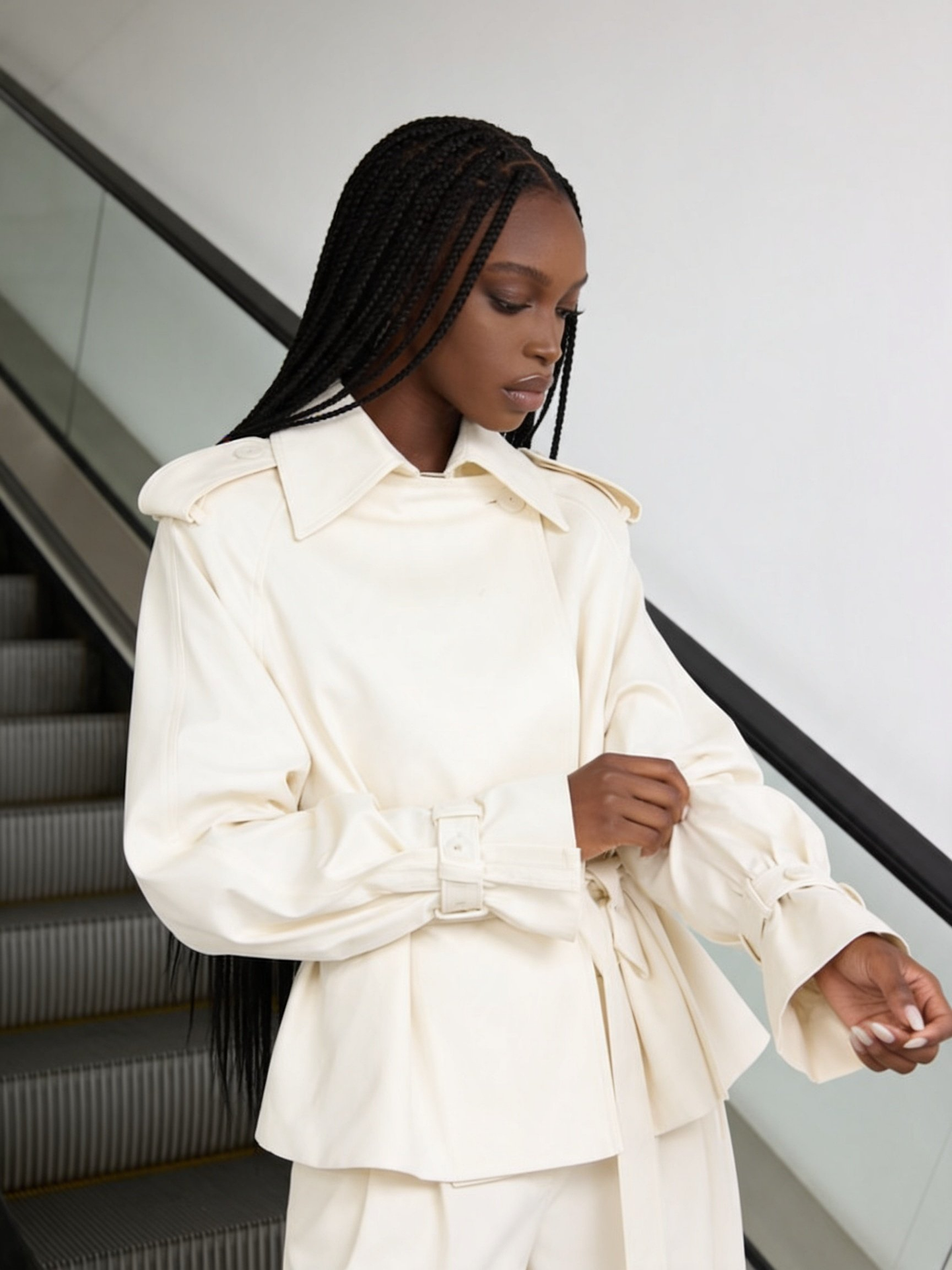 Ecru Cropped Trench Coat with Voluminous Sleeves