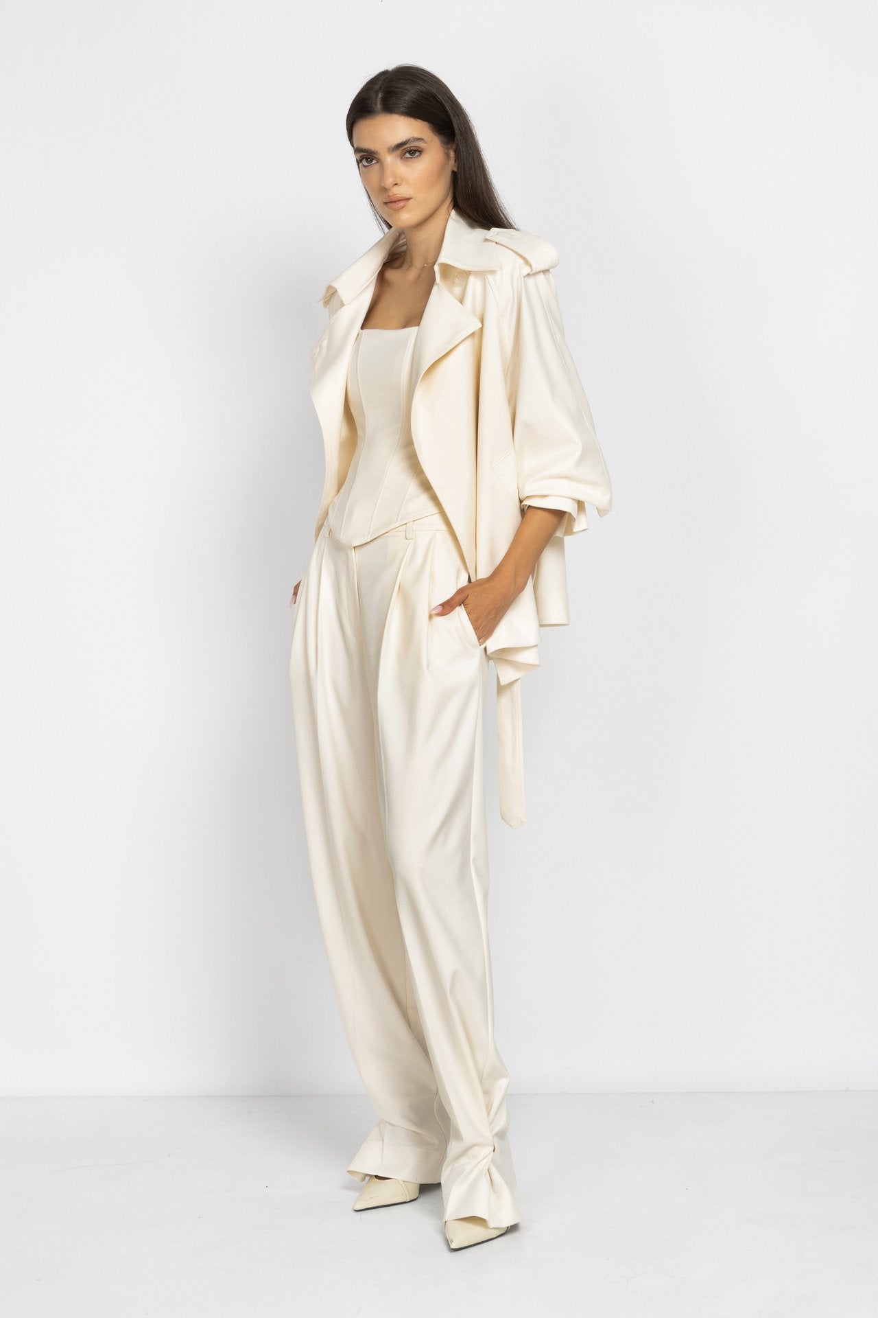Ecru Cropped Trench Coat with Voluminous Sleeves