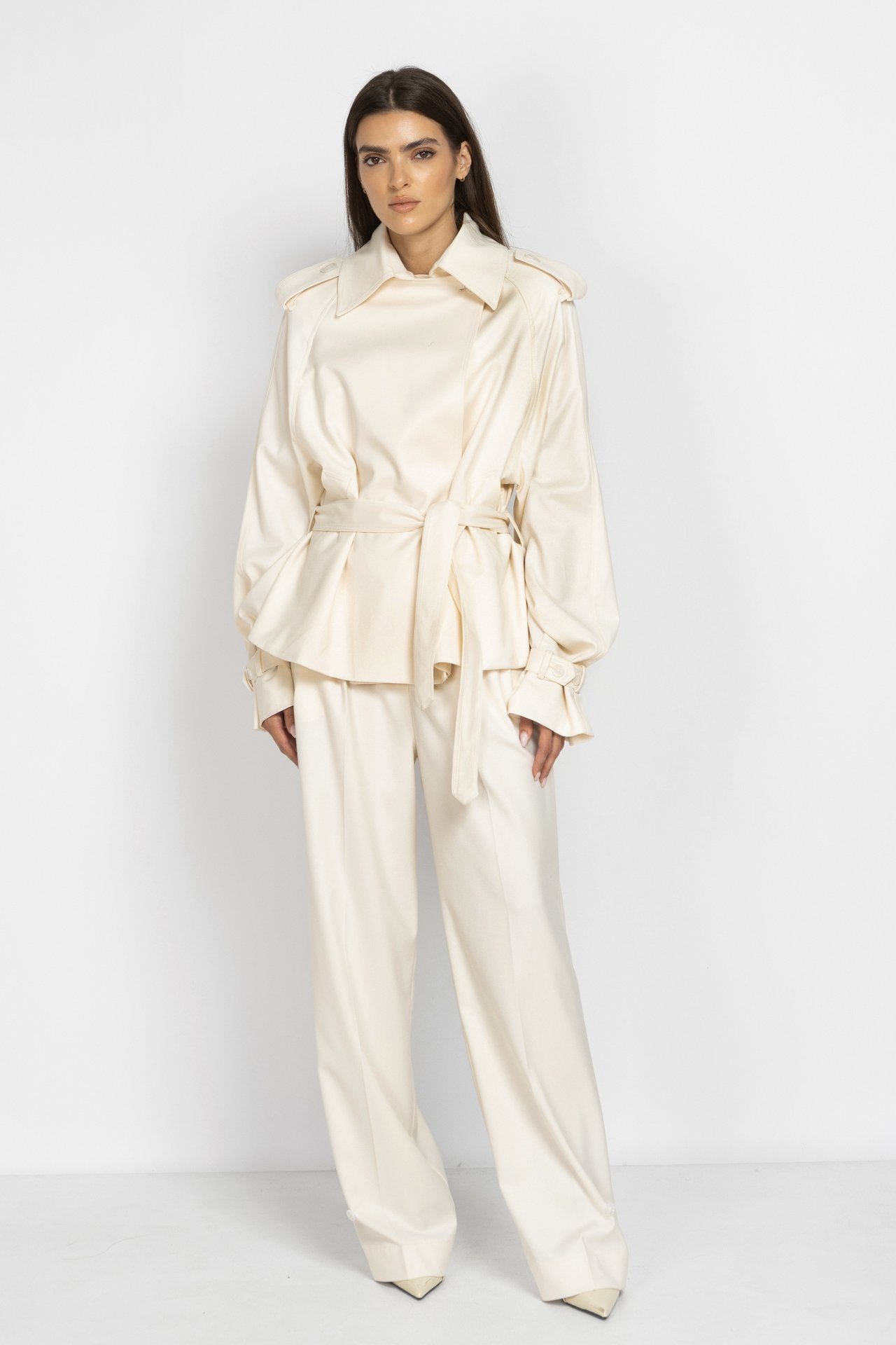 Ecru Cropped Trench Coat with Voluminous Sleeves