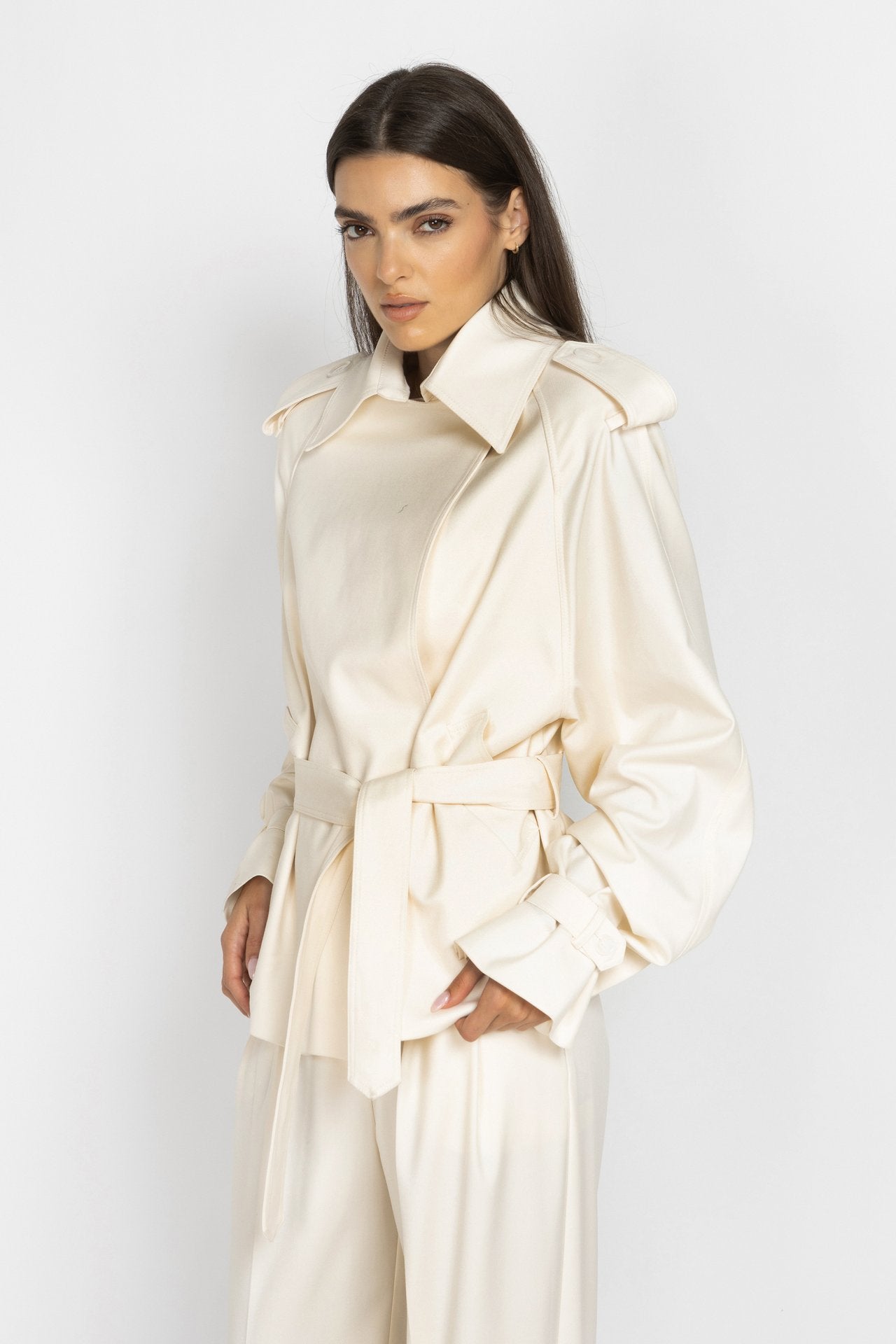 Ecru Cropped Trench Coat with Voluminous Sleeves