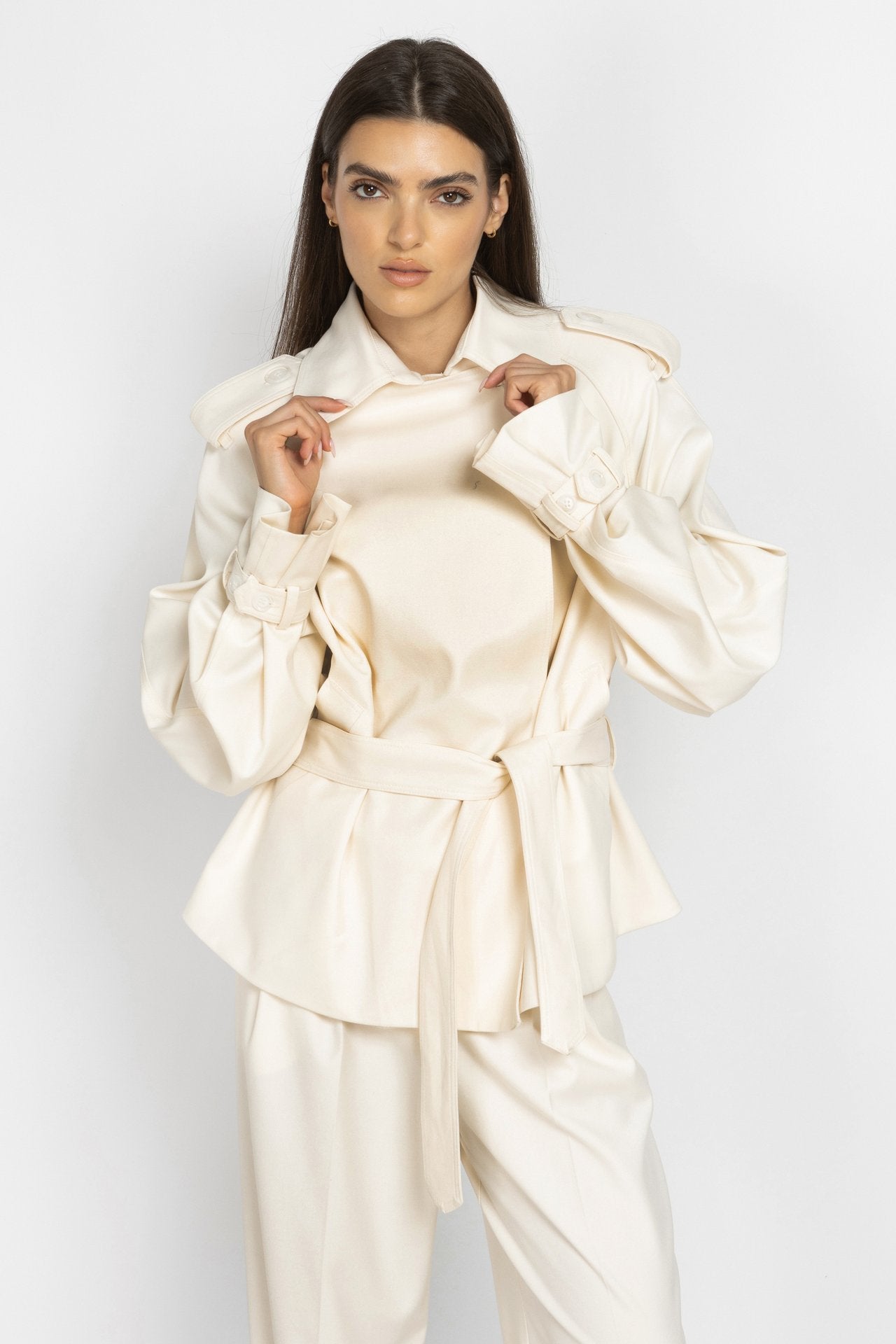 Ecru Cropped Trench Coat with Voluminous Sleeves
