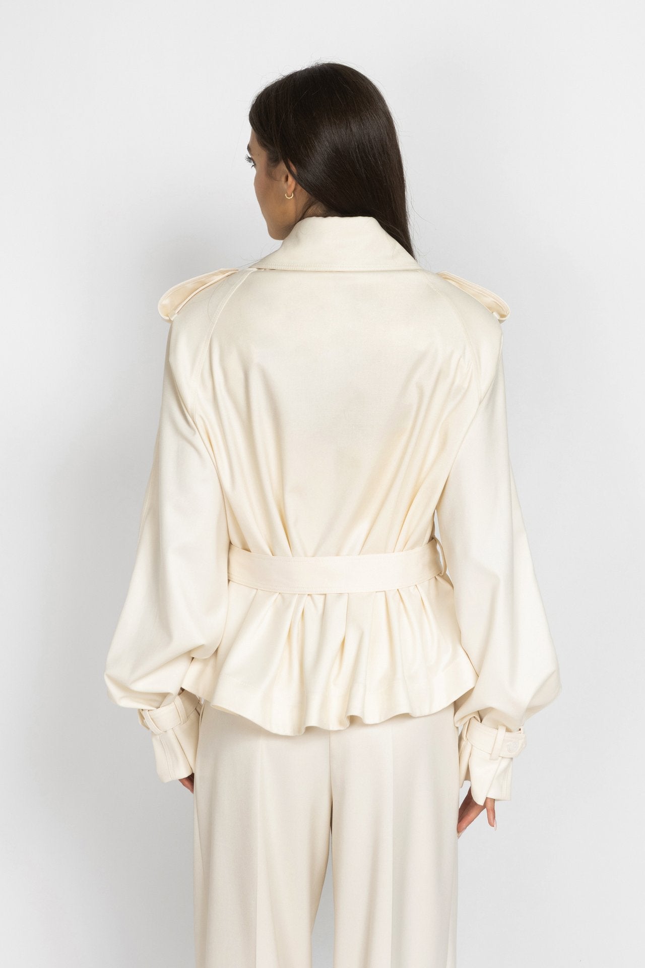 Ecru Cropped Trench Coat with Voluminous Sleeves