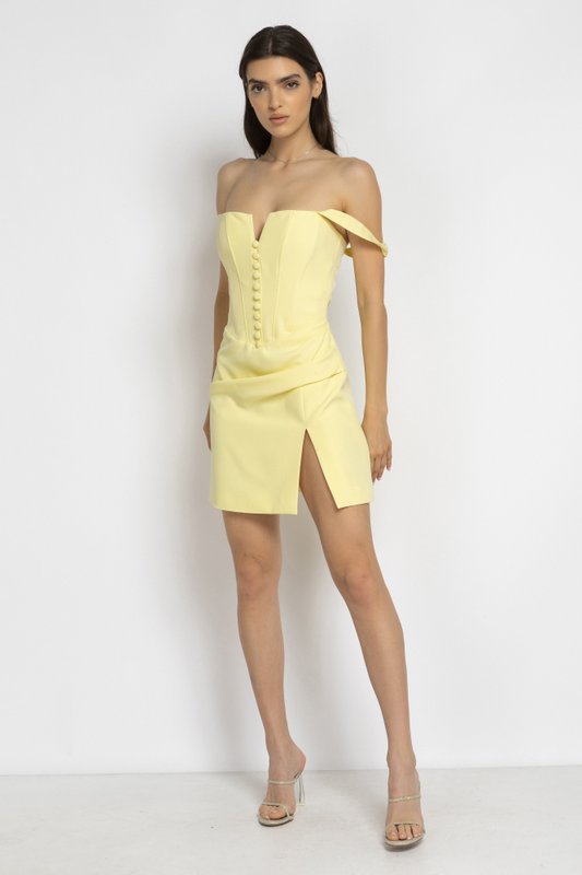 Light Yellow Button-Front Corset Mini Dress
