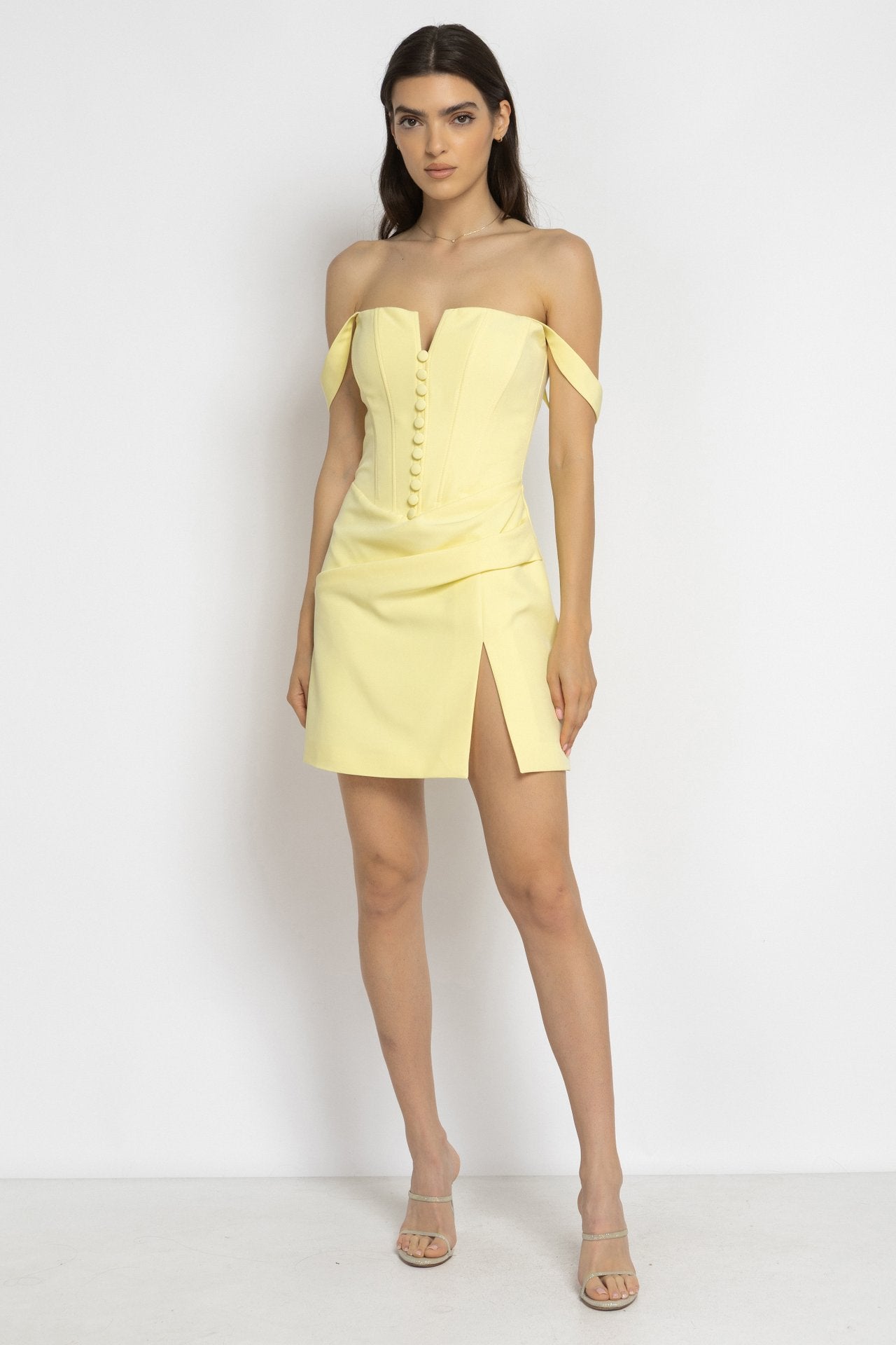 Light Yellow Button-Front Corset Mini Dress