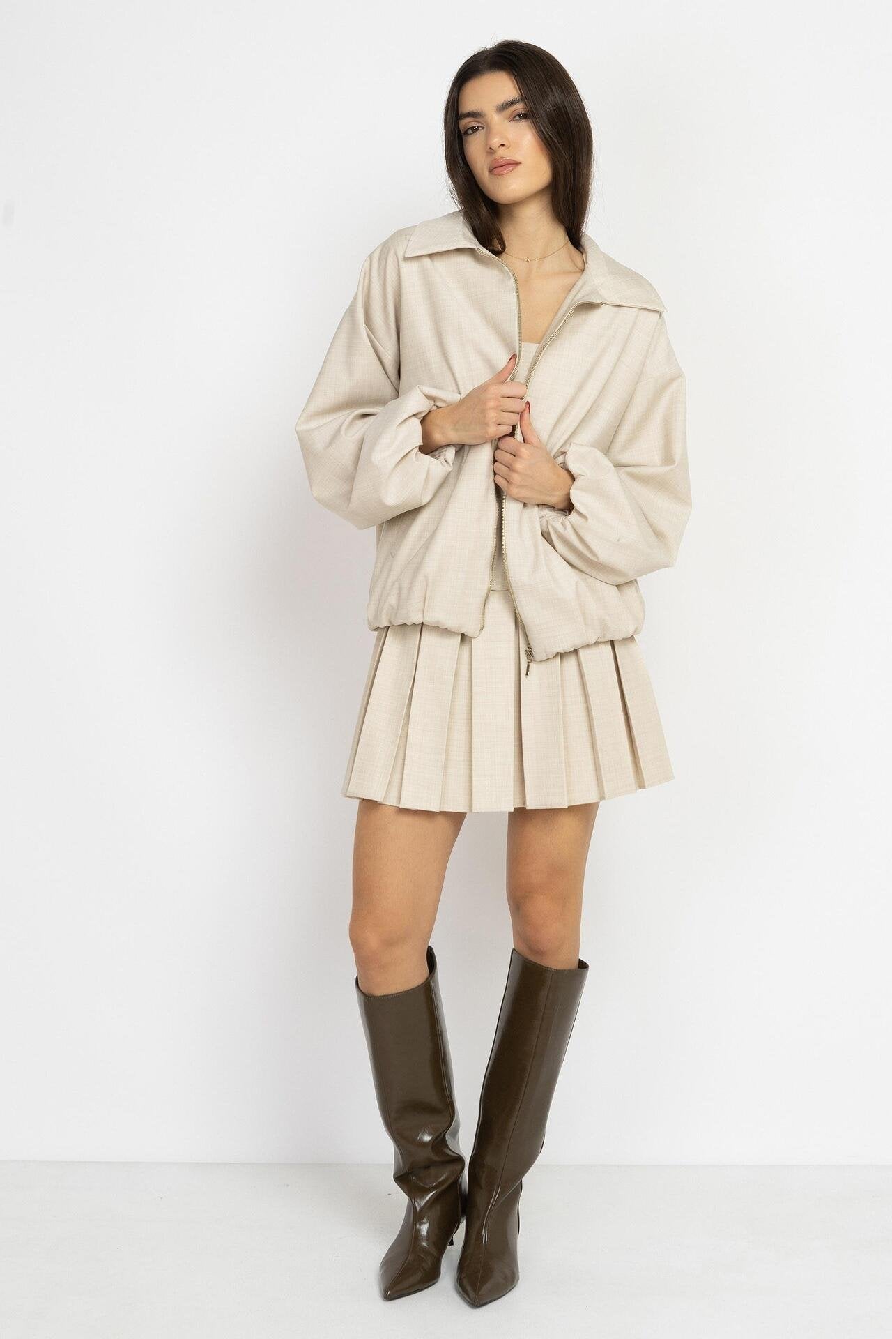 Ecru Wool Pleated Mini Skirt