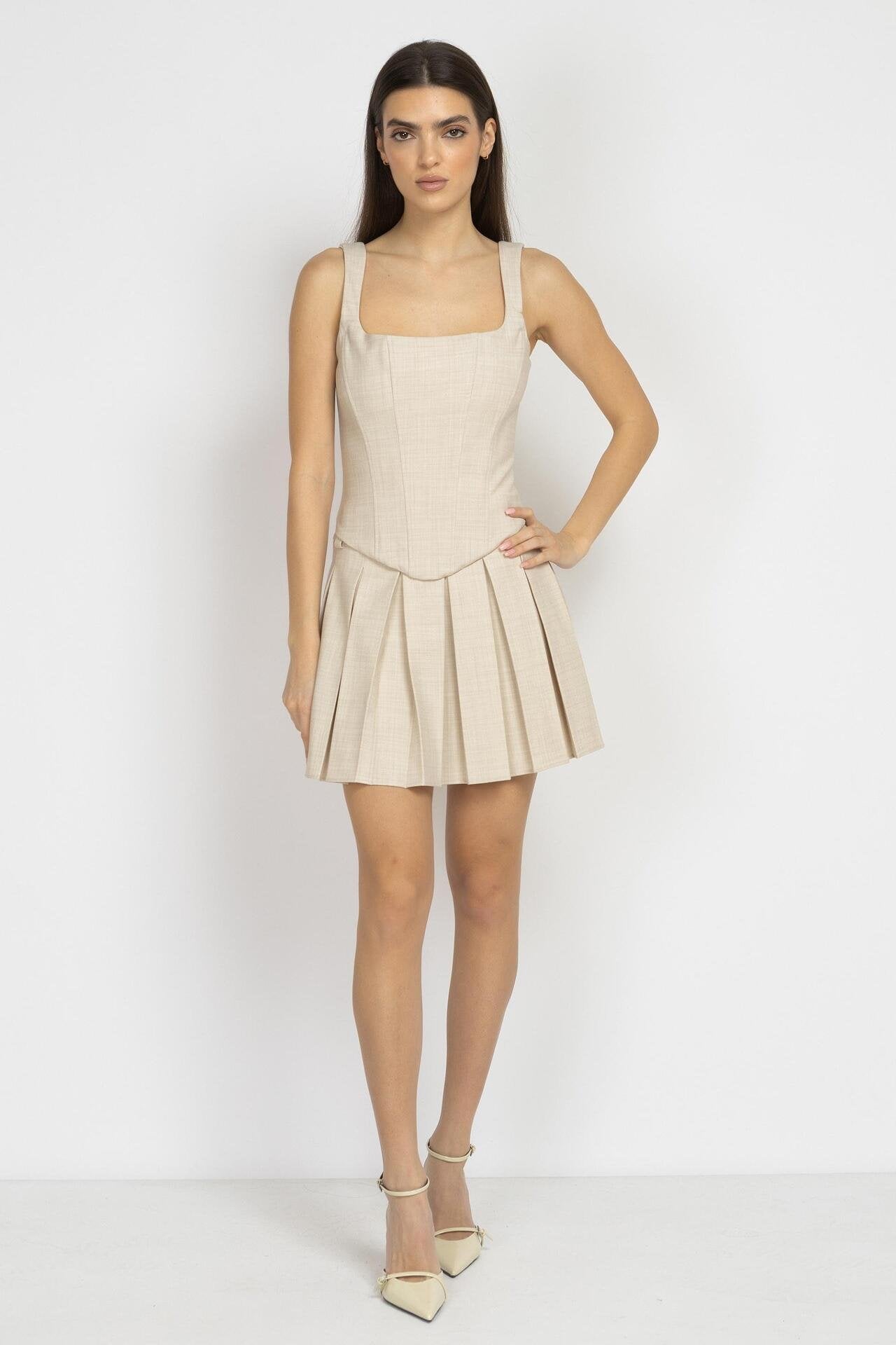Ecru Wool Pleated Mini Skirt