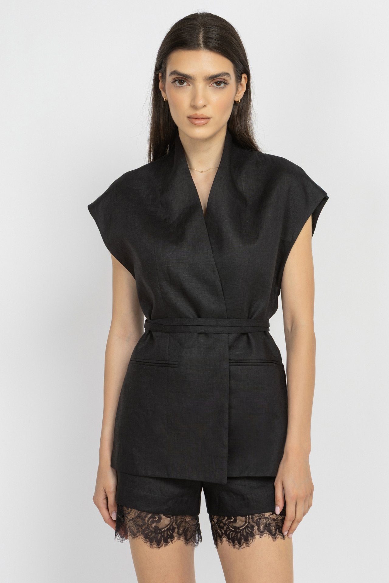 Black Linen Shorts with Lace