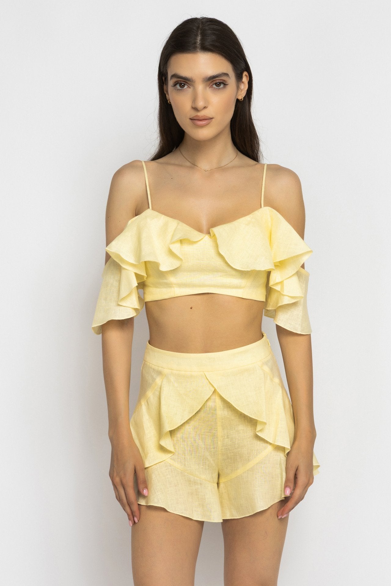 Pale Yellow Linen Ruffle Shorts