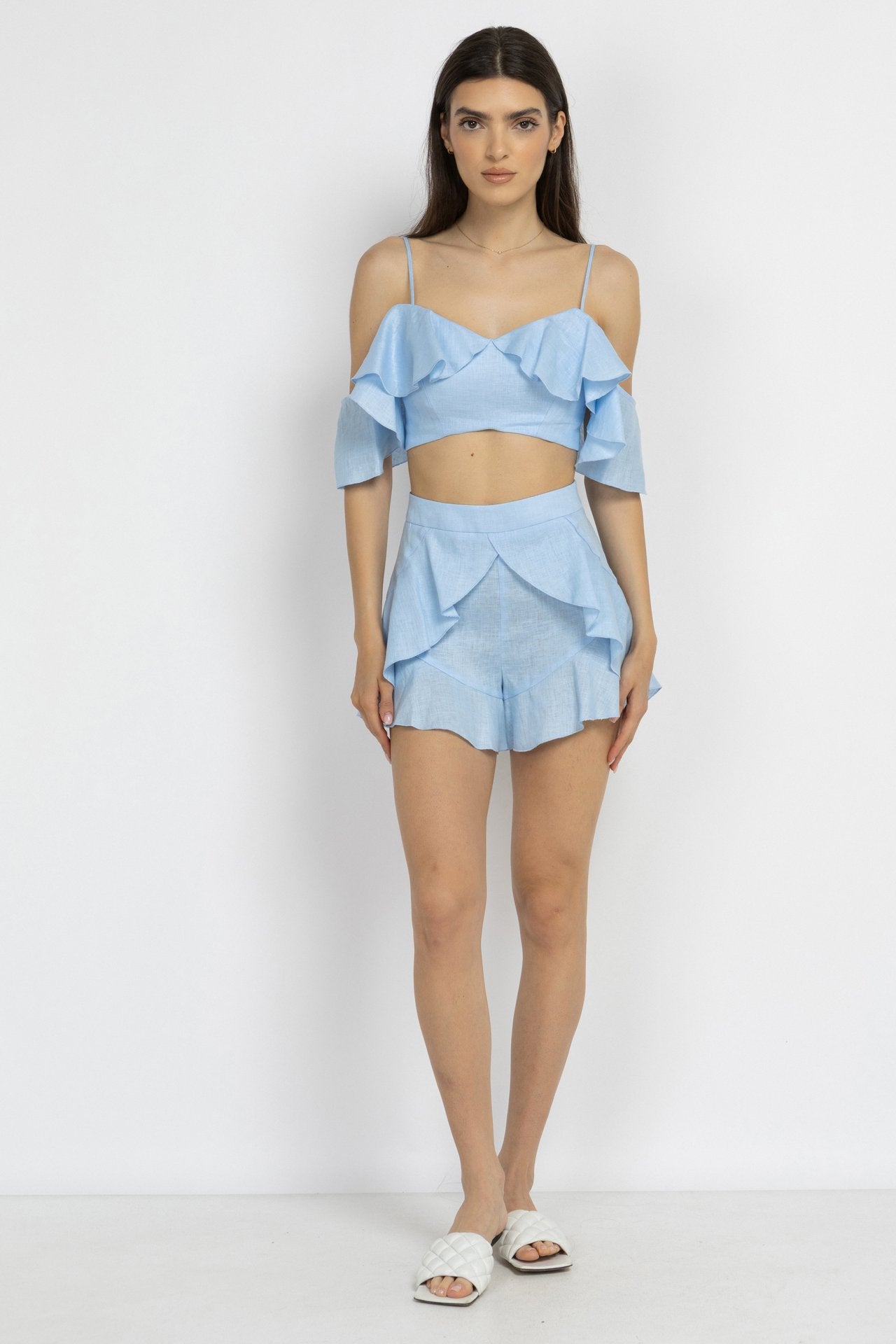 Blue Linen Ruffle Shorts