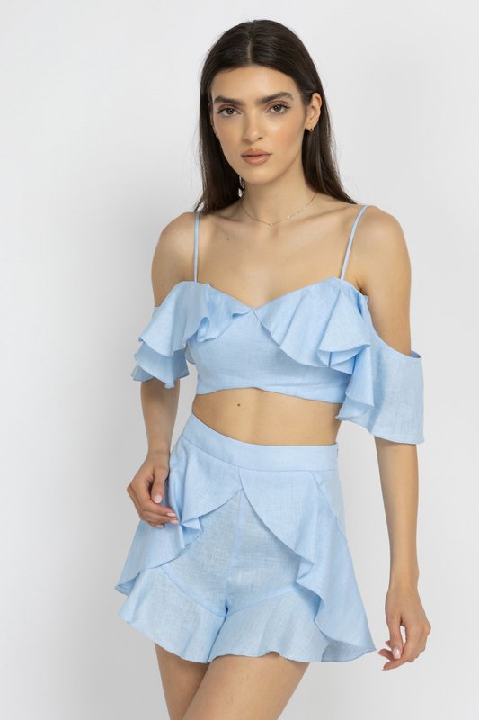 Blue Linen Ruffle Shorts