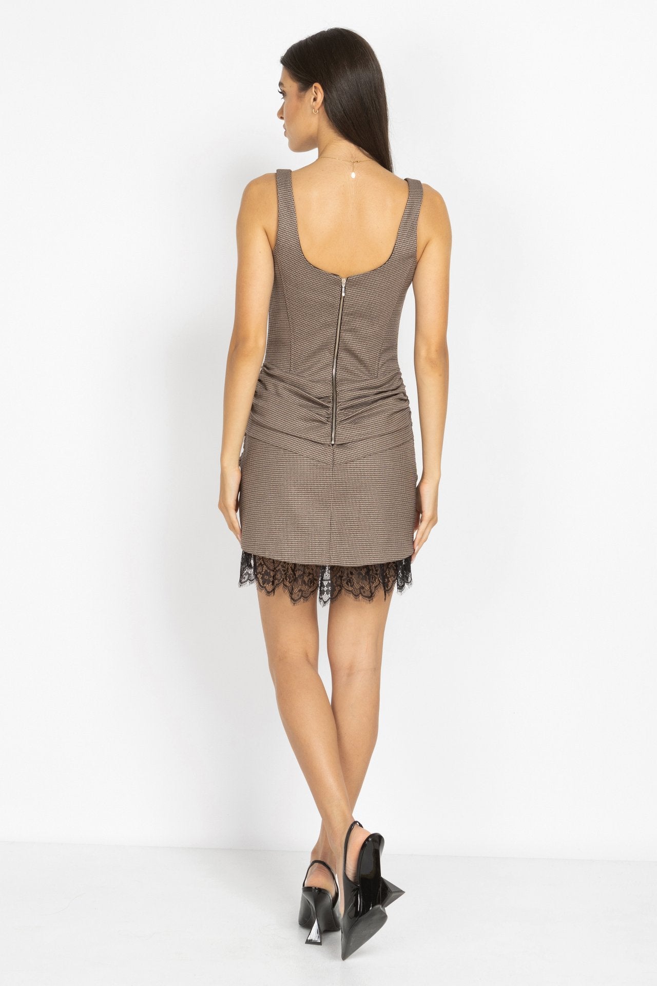 Houndstooth Corset Mini Dress with French Lace