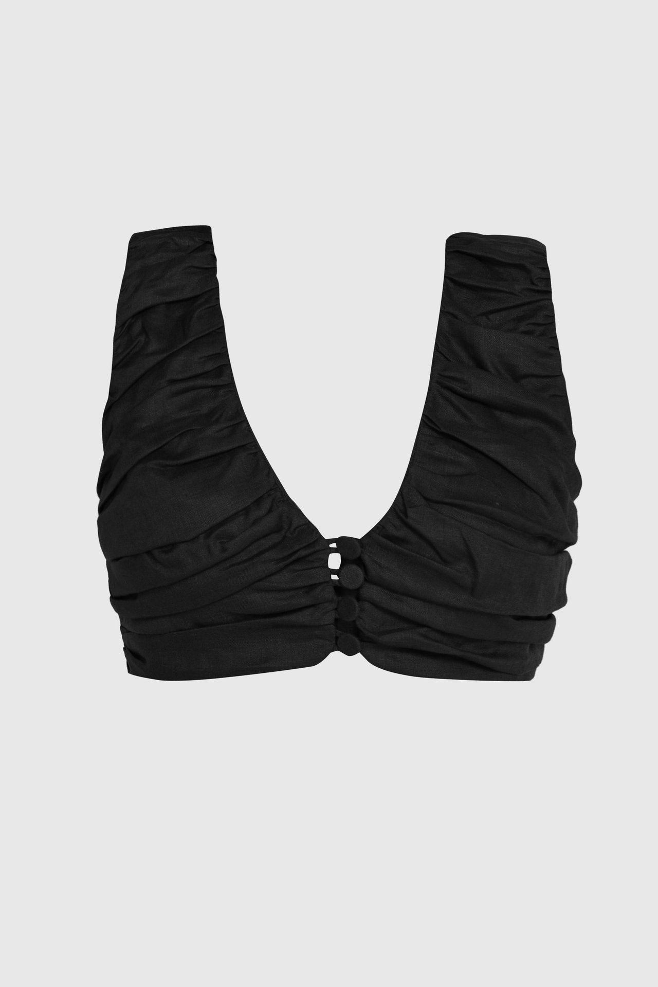 Black Linen V-Neck Top with Button Detail