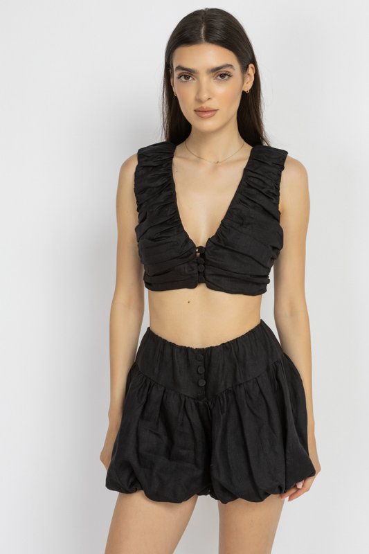 Black Linen V-Neck Top with Button Detail
