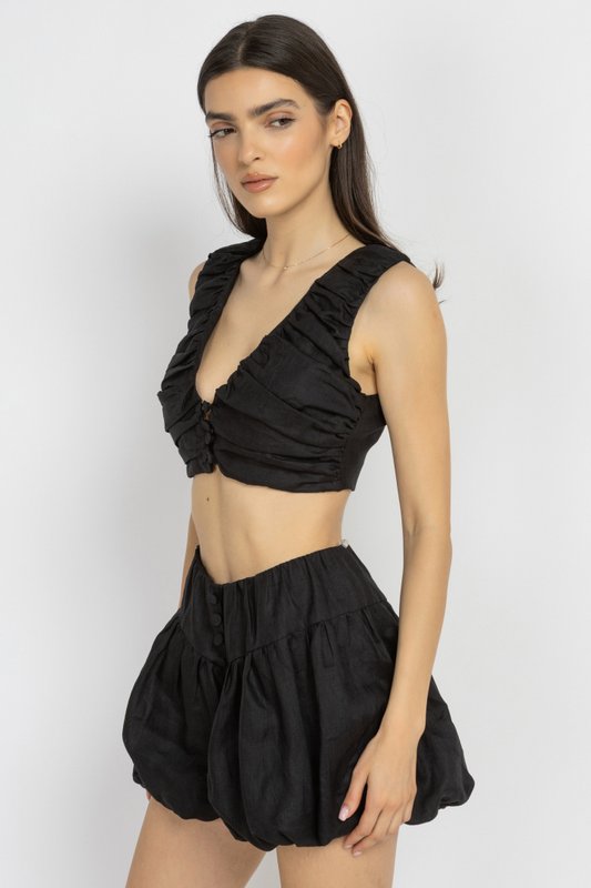 Black Linen V-Neck Top with Button Detail