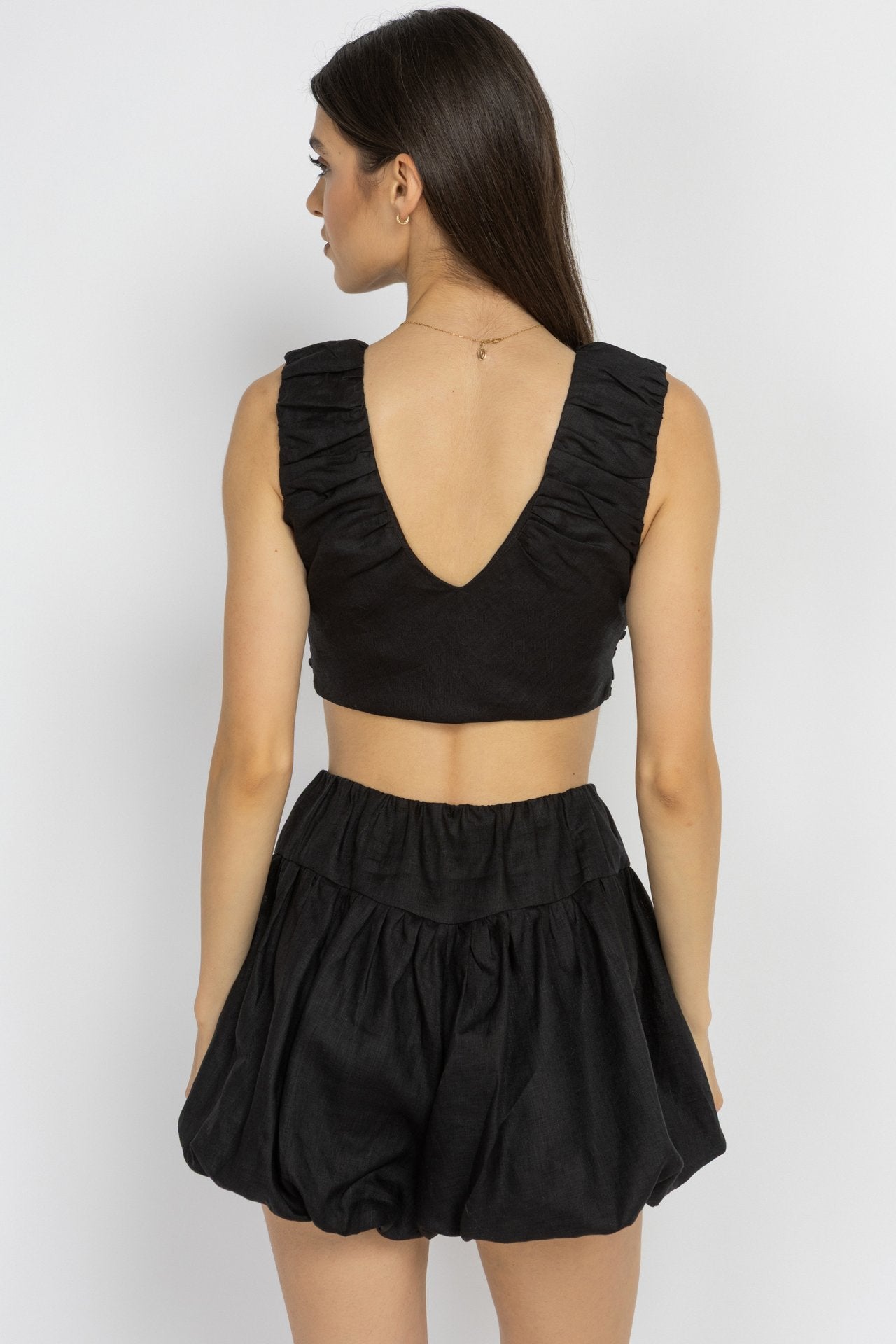Black Linen V-Neck Top with Button Detail