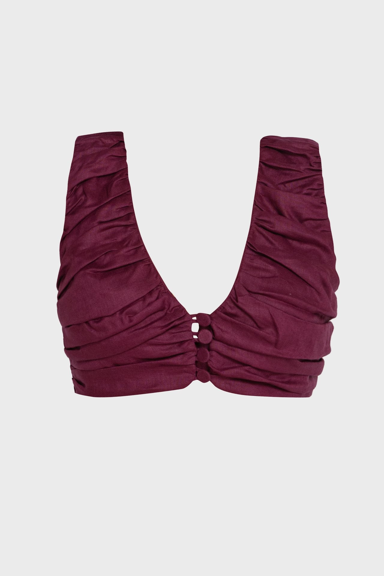 Marsala Linen V-Neck Top with Button Detail