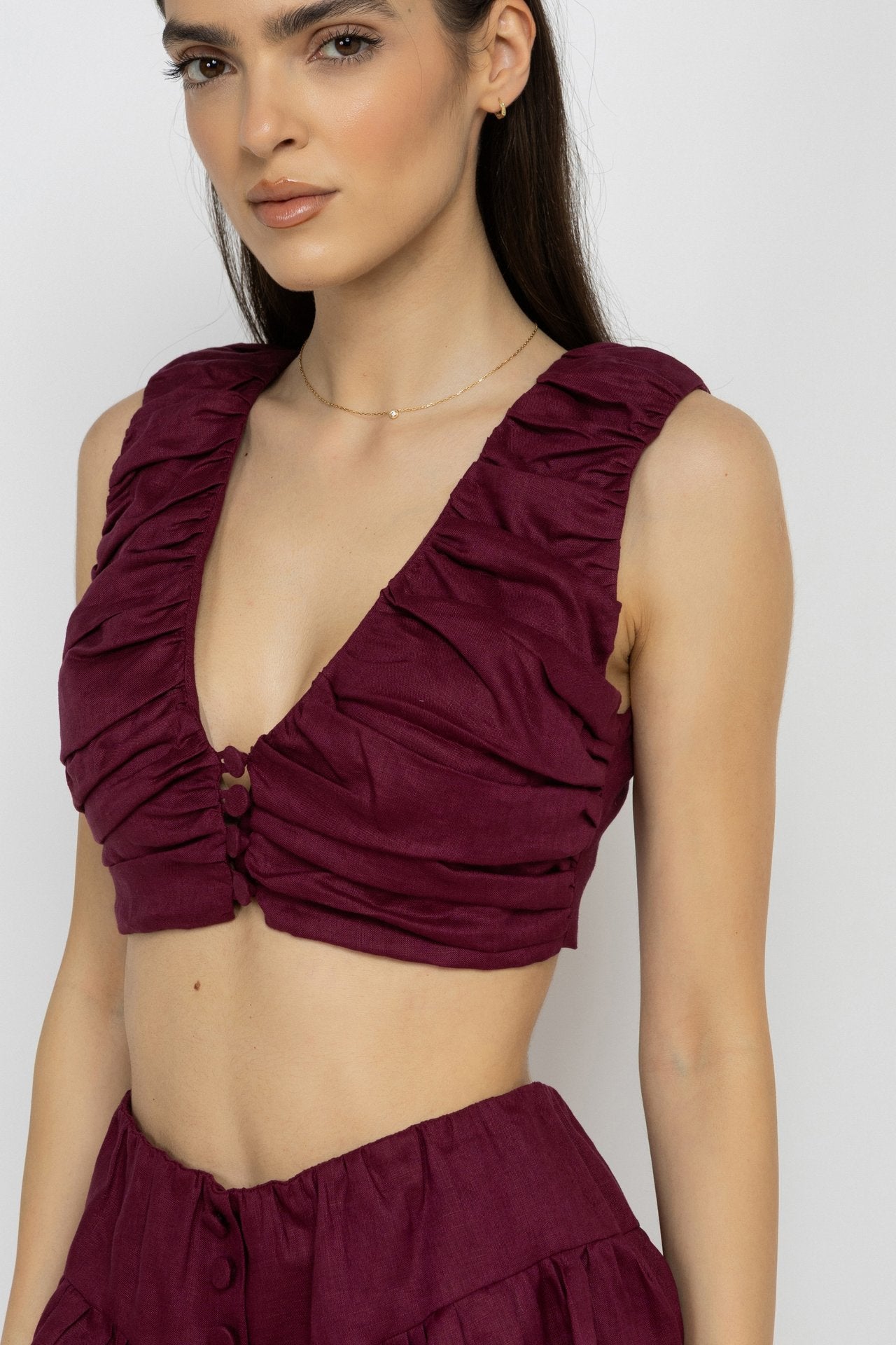 Marsala Linen V-Neck Top with Button Detail
