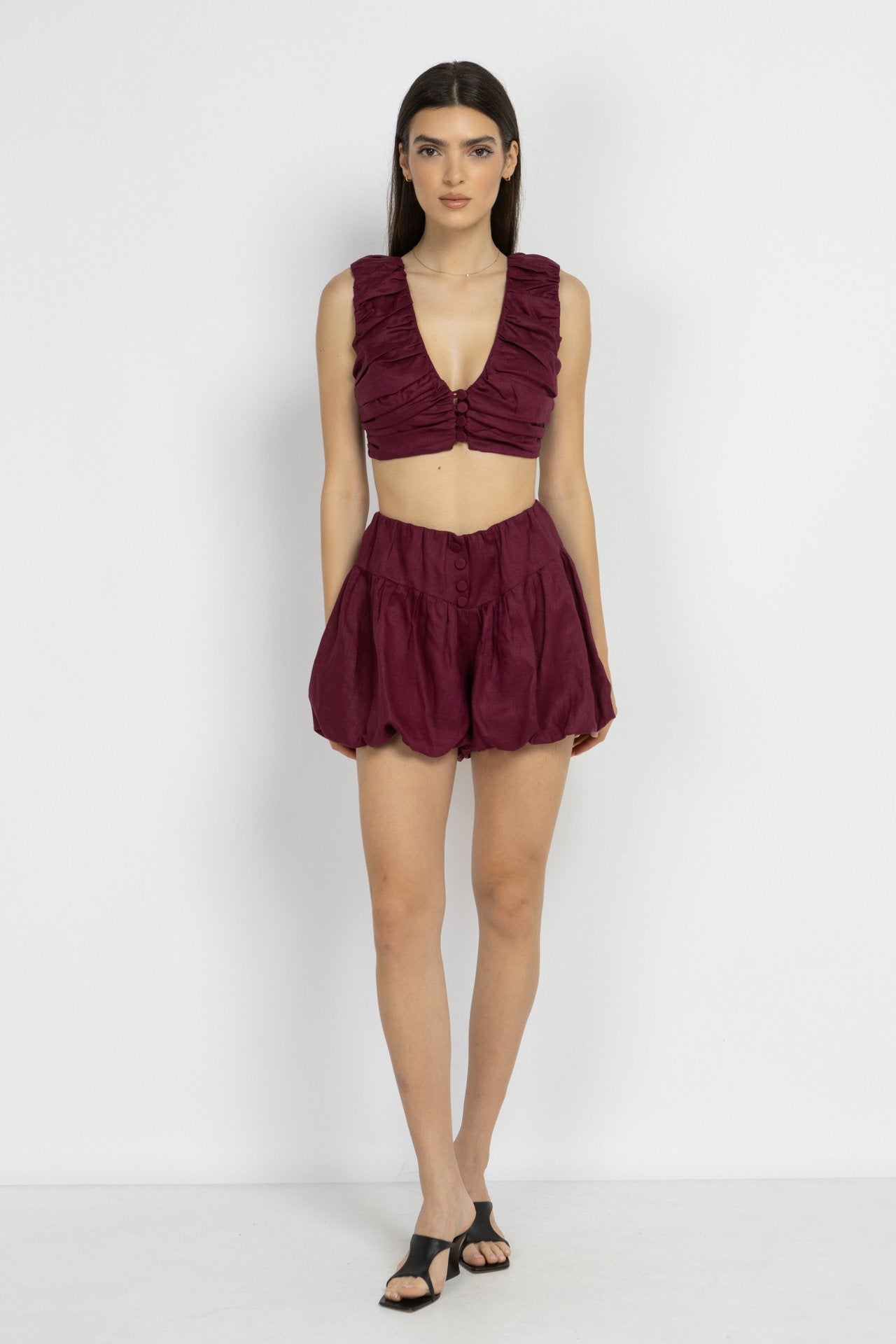 Marsala Linen V-Neck Top with Button Detail