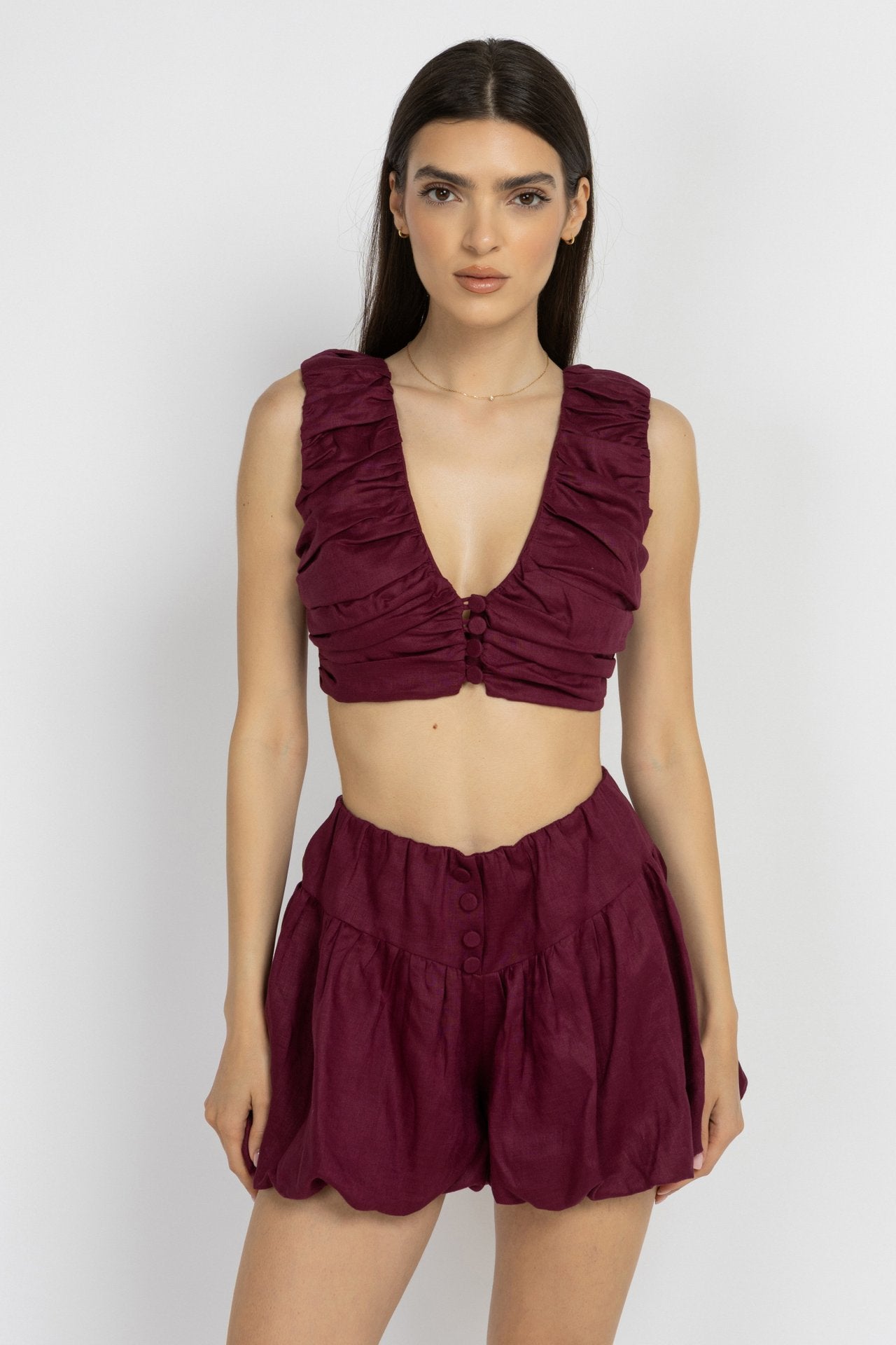 Marsala Linen V-Neck Top with Button Detail